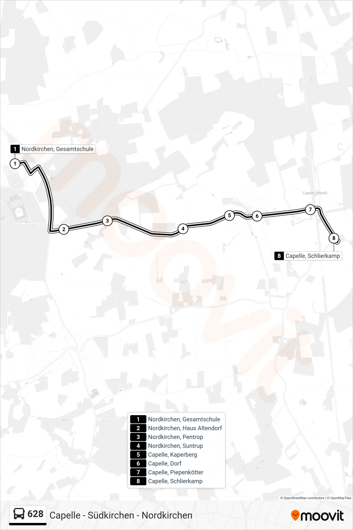 628 bus Line (Capelle, Schlierkamp) route and stops on a map