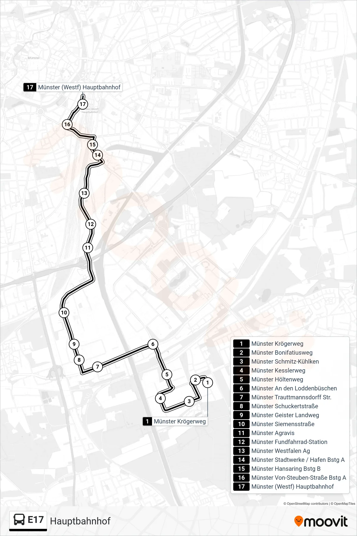 Linie E17 (Bus) Richtung Hauptbahnhof: Route und Haltestellen auf der Karte