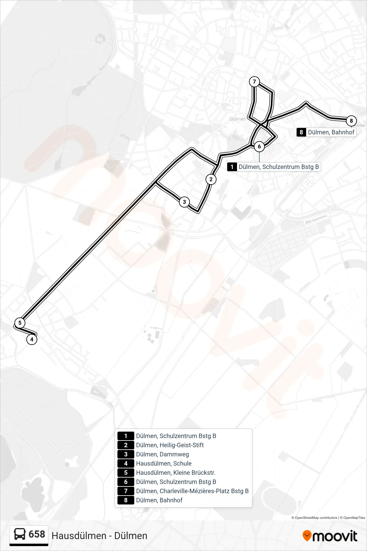 Linie 658 (Bus) Richtung Dülmen, Bahnhof: Route und Haltestellen auf der Karte