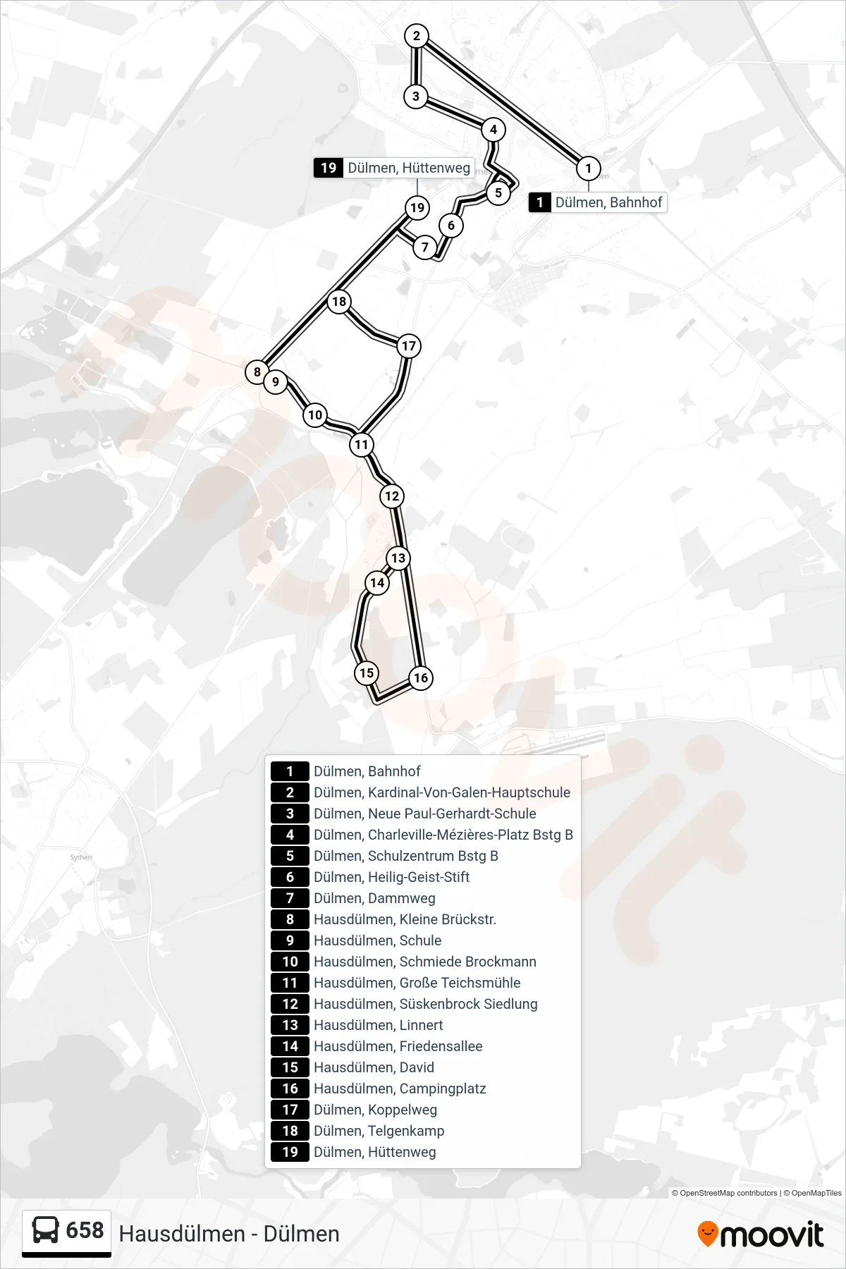 Linie 658 (Bus) Richtung Dülmen, Hüttenweg: Route und Haltestellen auf der Karte