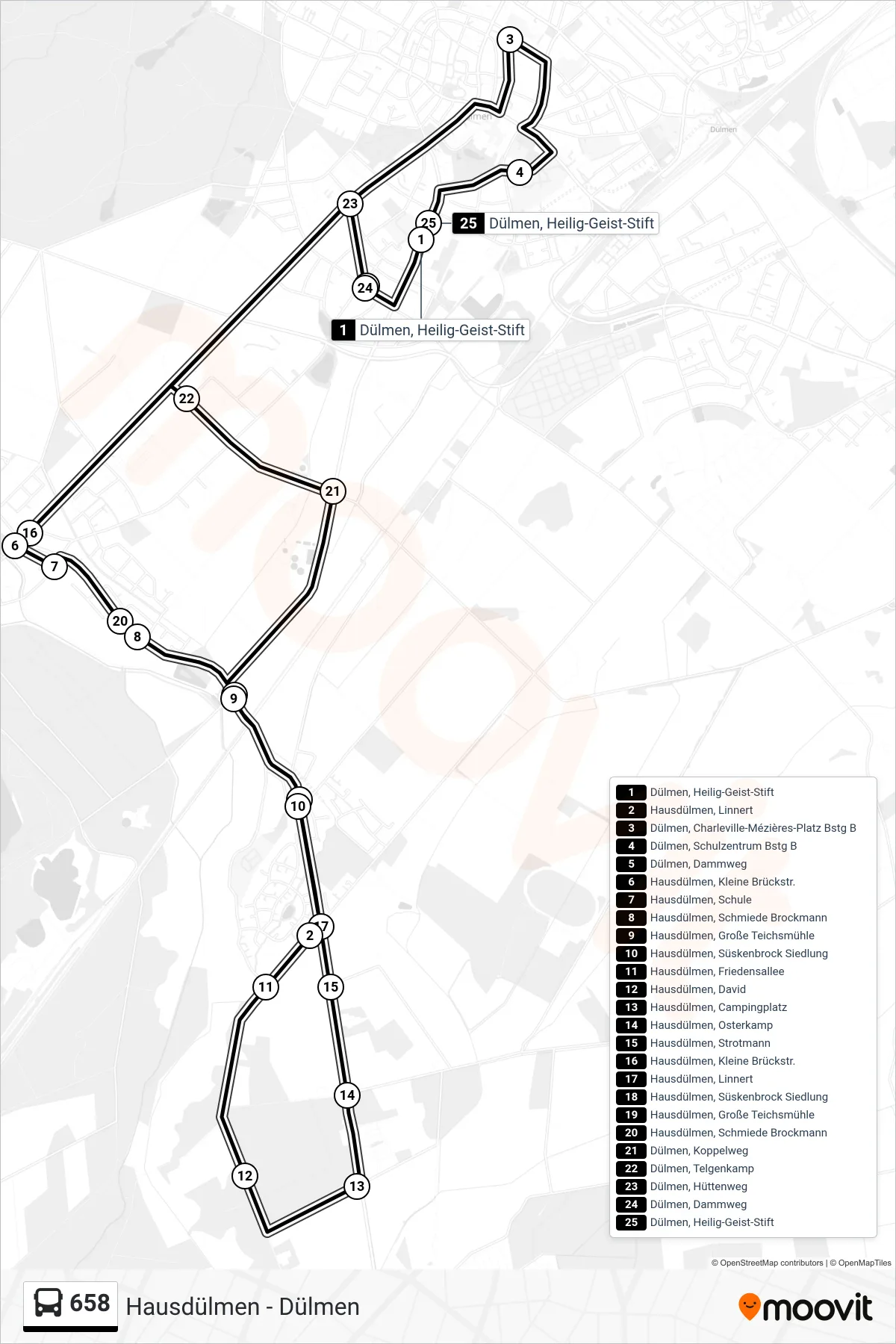 Linie 658 (Bus) Richtung Dülmen, Charleville-Mézières-Platz Bstg B: Route und Haltestellen auf der Karte