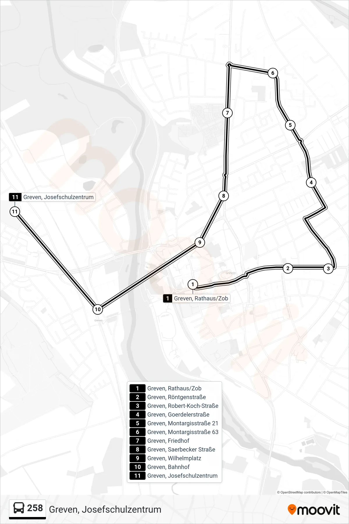 Linie 258 (Bus) Richtung Greven, Josefschulzentrum: Route und Haltestellen auf der Karte