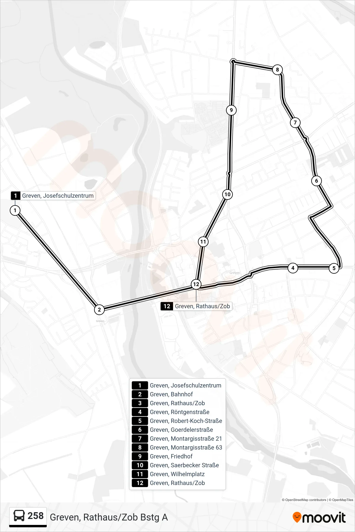 Linie 258 (Bus) Richtung Greven, Rathaus/Zob Bstg A: Route und Haltestellen auf der Karte