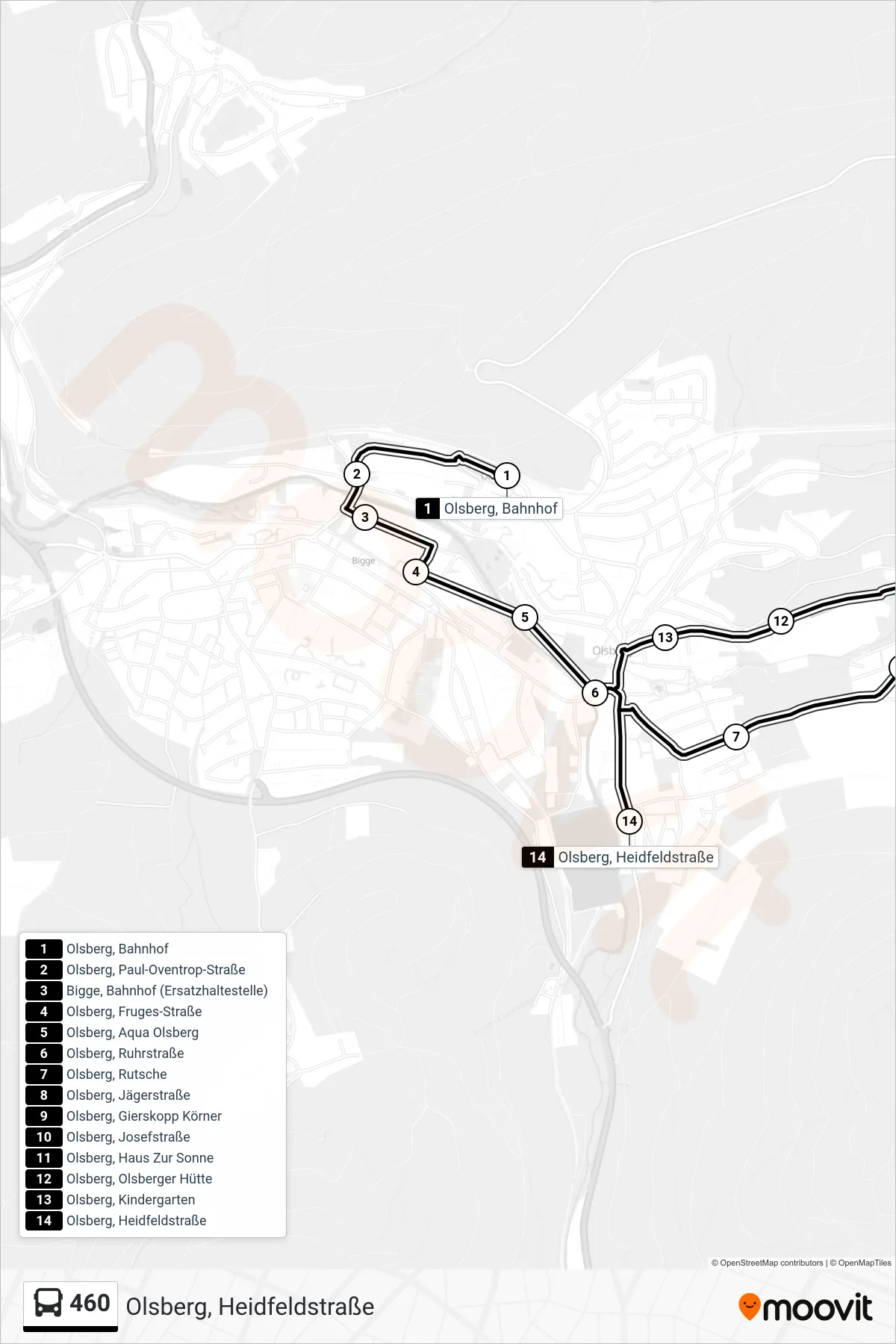 460 bus Line (Olsberg, Heidfeldstraße) route and stops on a map