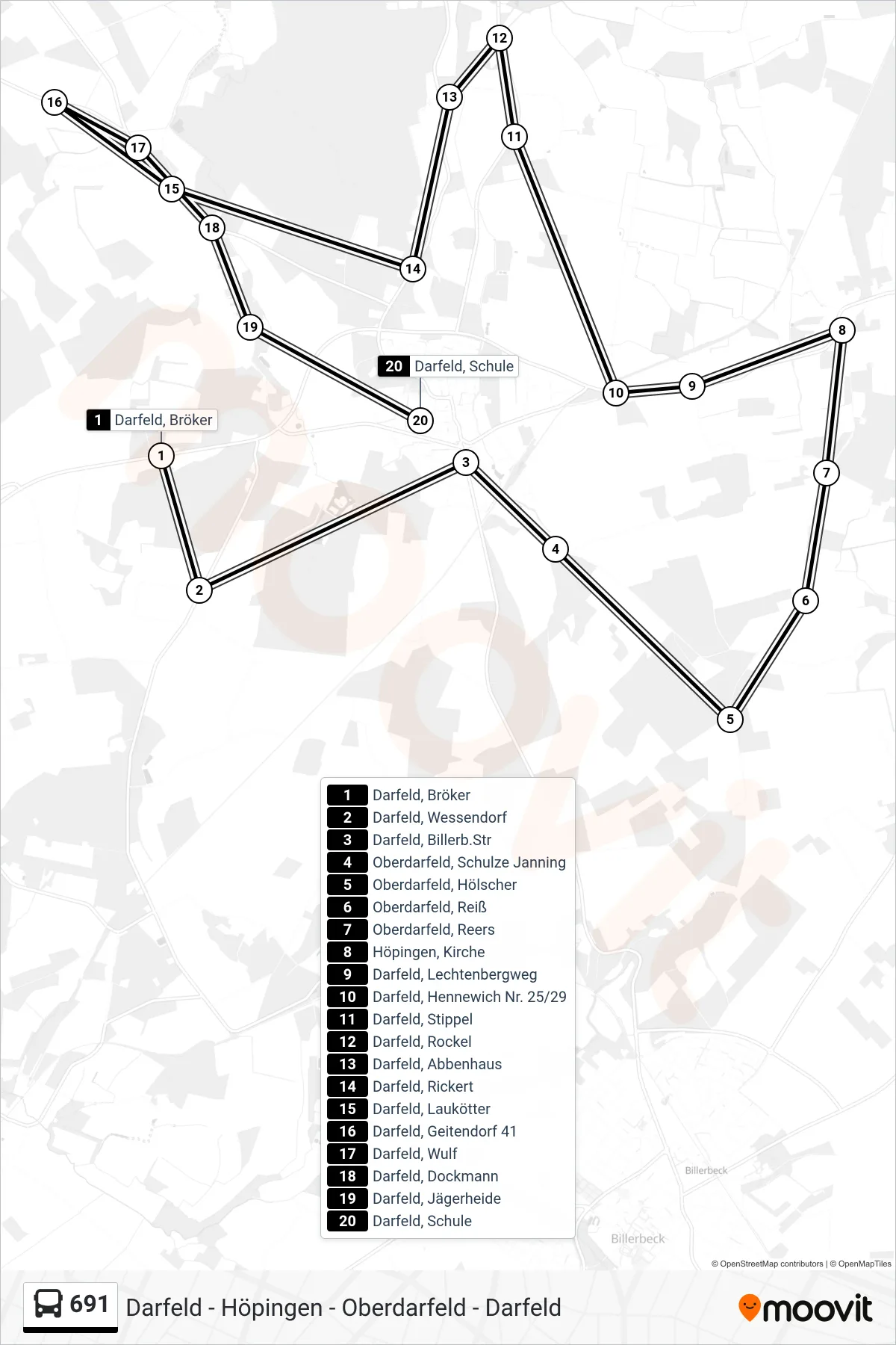 691 bus Line (Darfeld, Schule) route and stops on a map