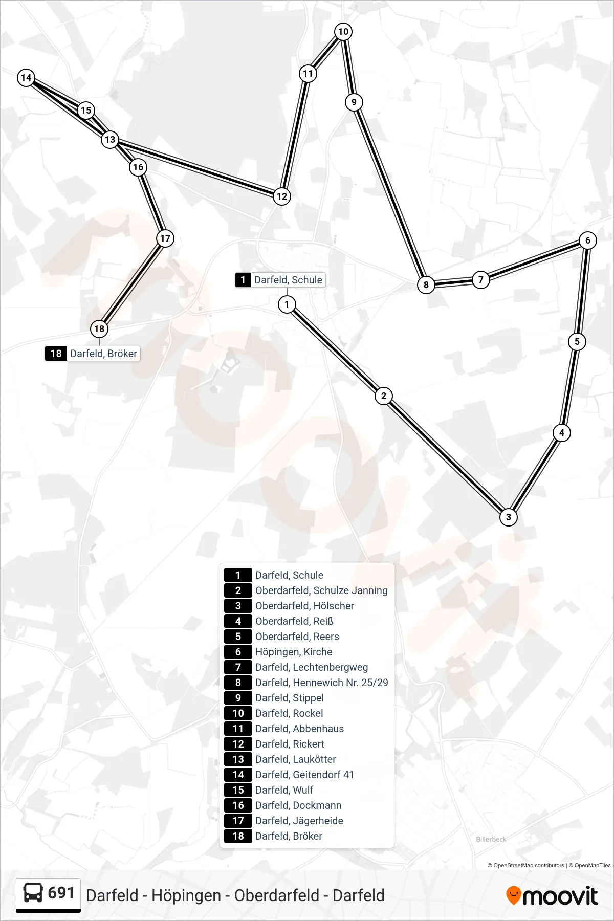 691 bus Line (Darfeld, Bröker) route and stops on a map