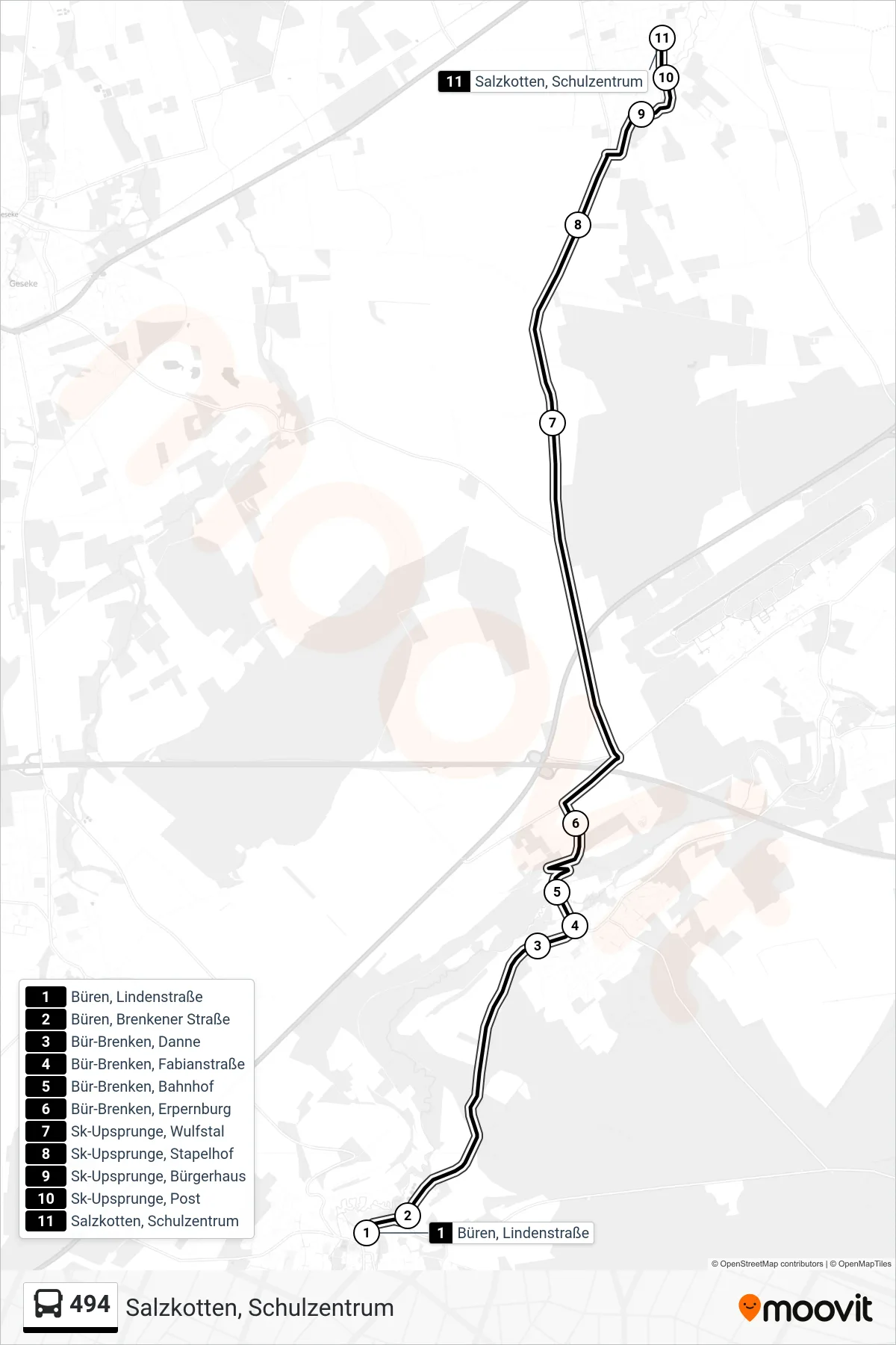 Linie 494 (Bus) Richtung Salzkotten, Schulzentrum: Route und Haltestellen auf der Karte