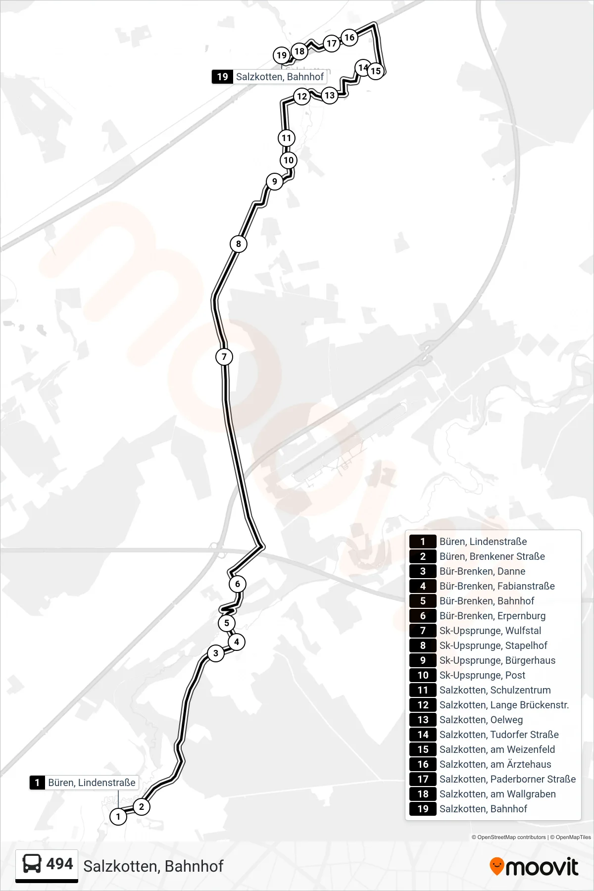 494 bus Line (Salzkotten, Bahnhof) route and stops on a map