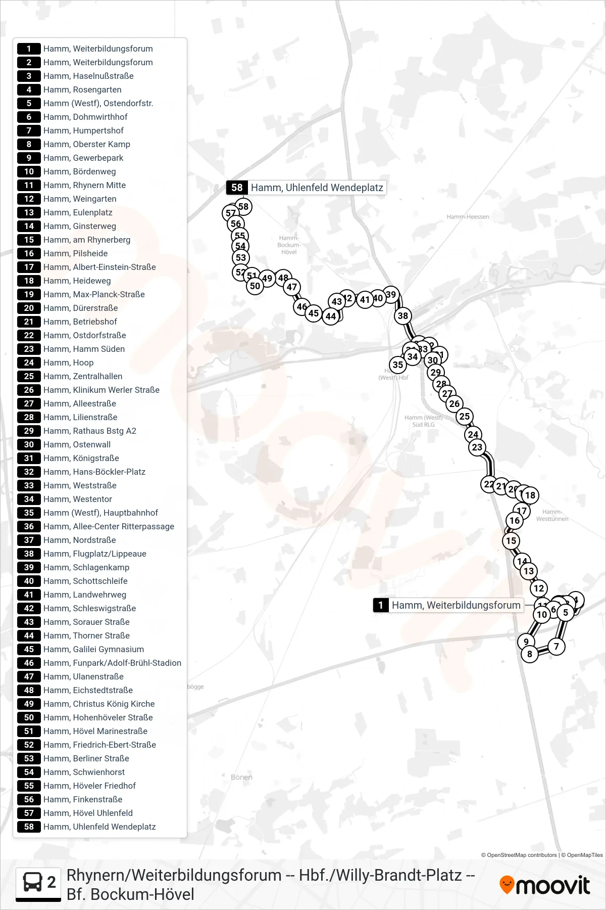 Linie 2 (Bus) Richtung Hamm, Uhlenfeld Wendeplatz: Route und Haltestellen auf der Karte