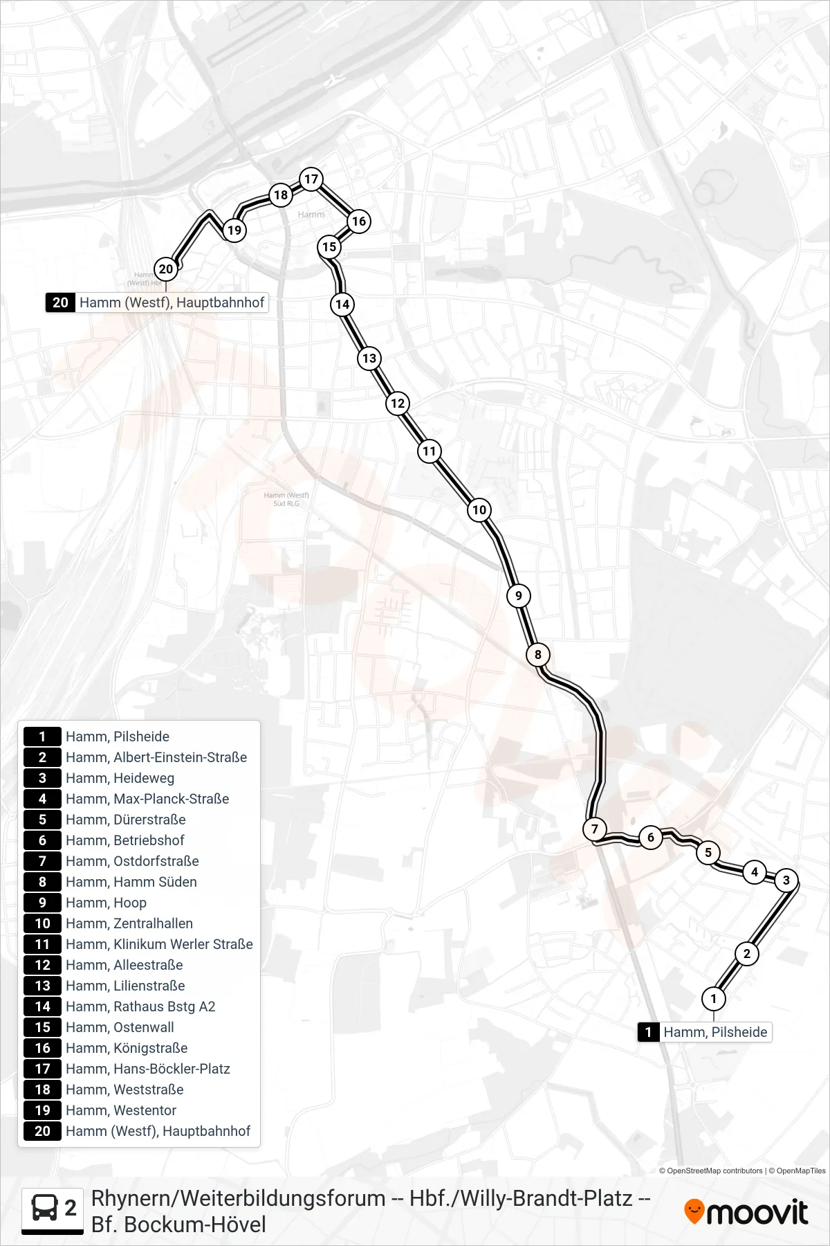 Linie 2 (Bus) Richtung Hamm (Westf), Hauptbahnhof Bstg 1+2: Route und Haltestellen auf der Karte