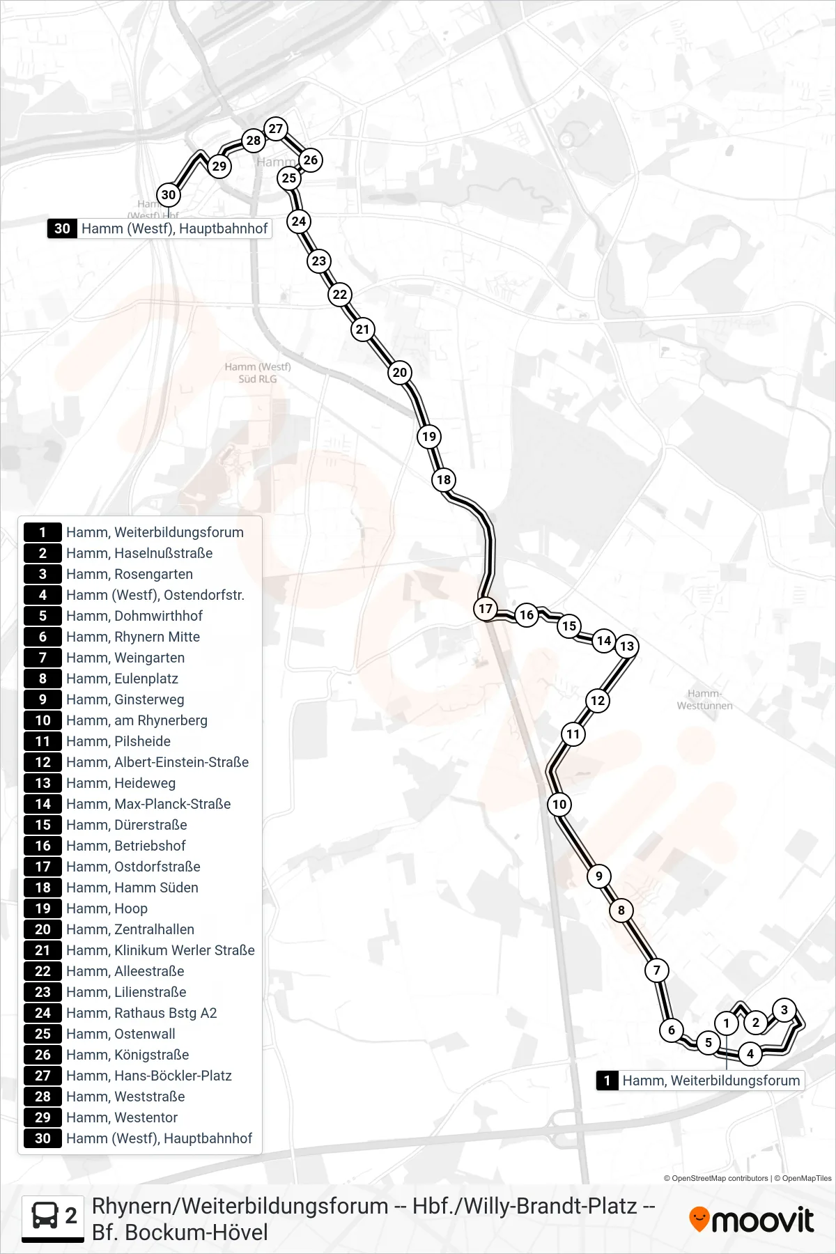 Linie 2 (Bus) Richtung Hamm (Westf), Hauptbahnhof Bstg 4+5: Route und Haltestellen auf der Karte