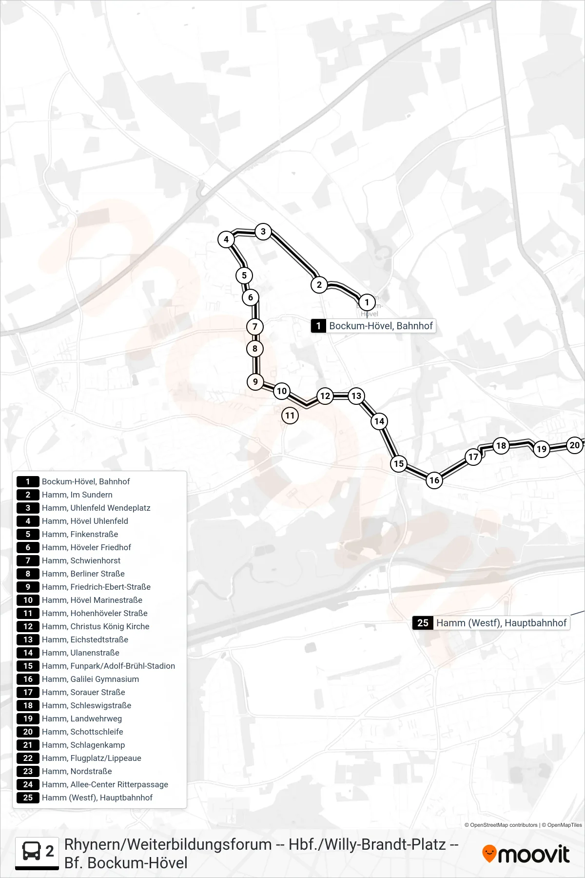 2 bus Line (Hamm (Westf), Hauptbahnhof Bstg 1+2) route and stops on a map