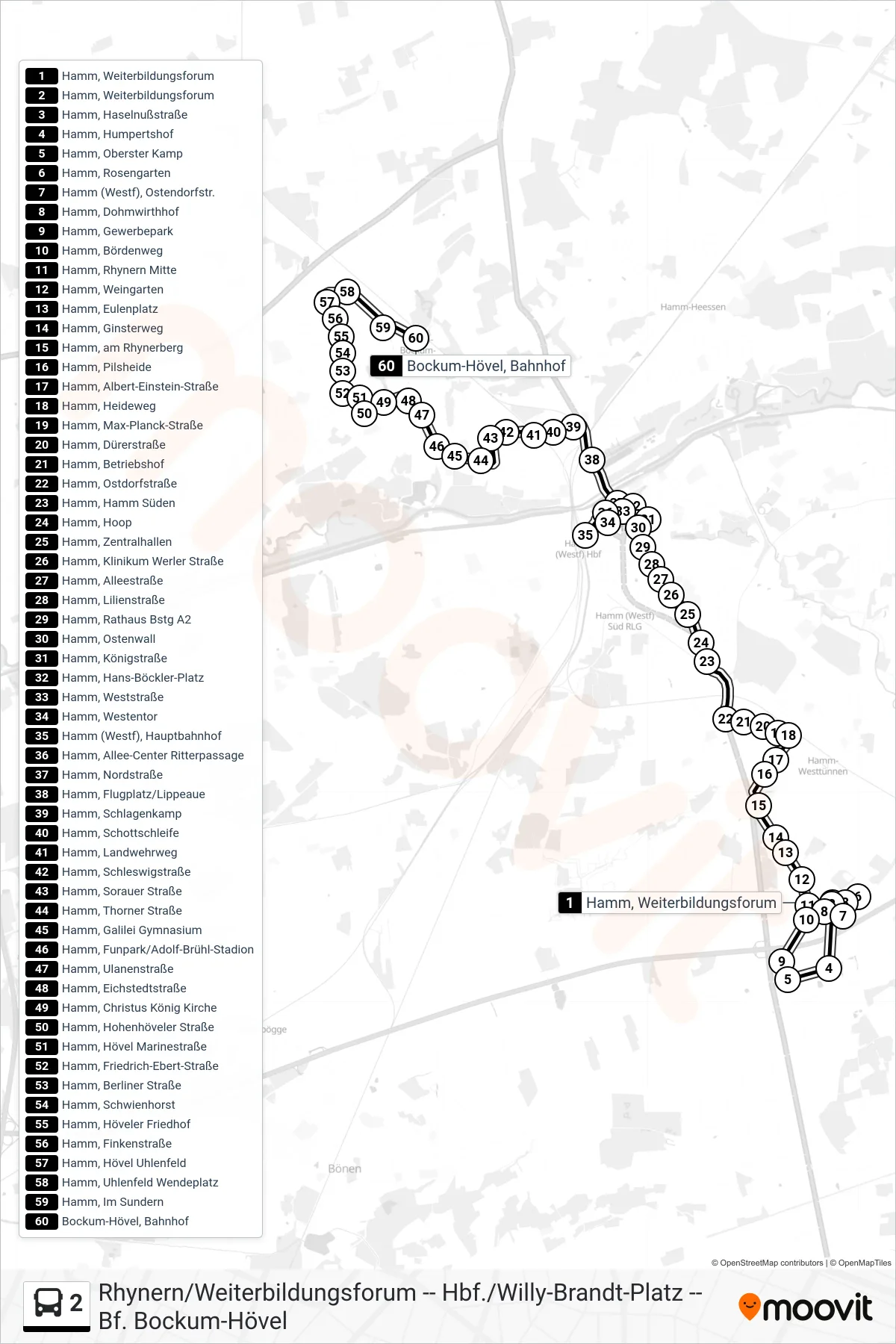 Linie 2 (Bus) Richtung Bockum-Hövel, Bahnhof: Route und Haltestellen auf der Karte