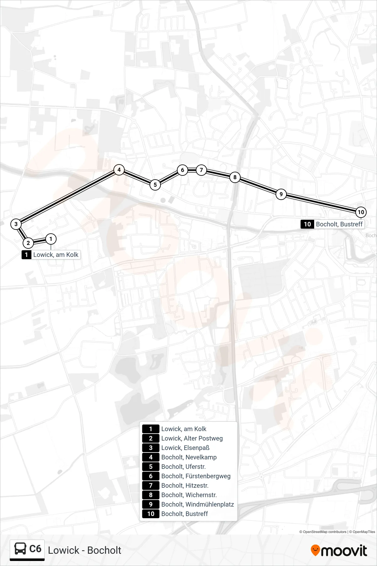 C6 tram Line (Bustreff) route and stops on a map