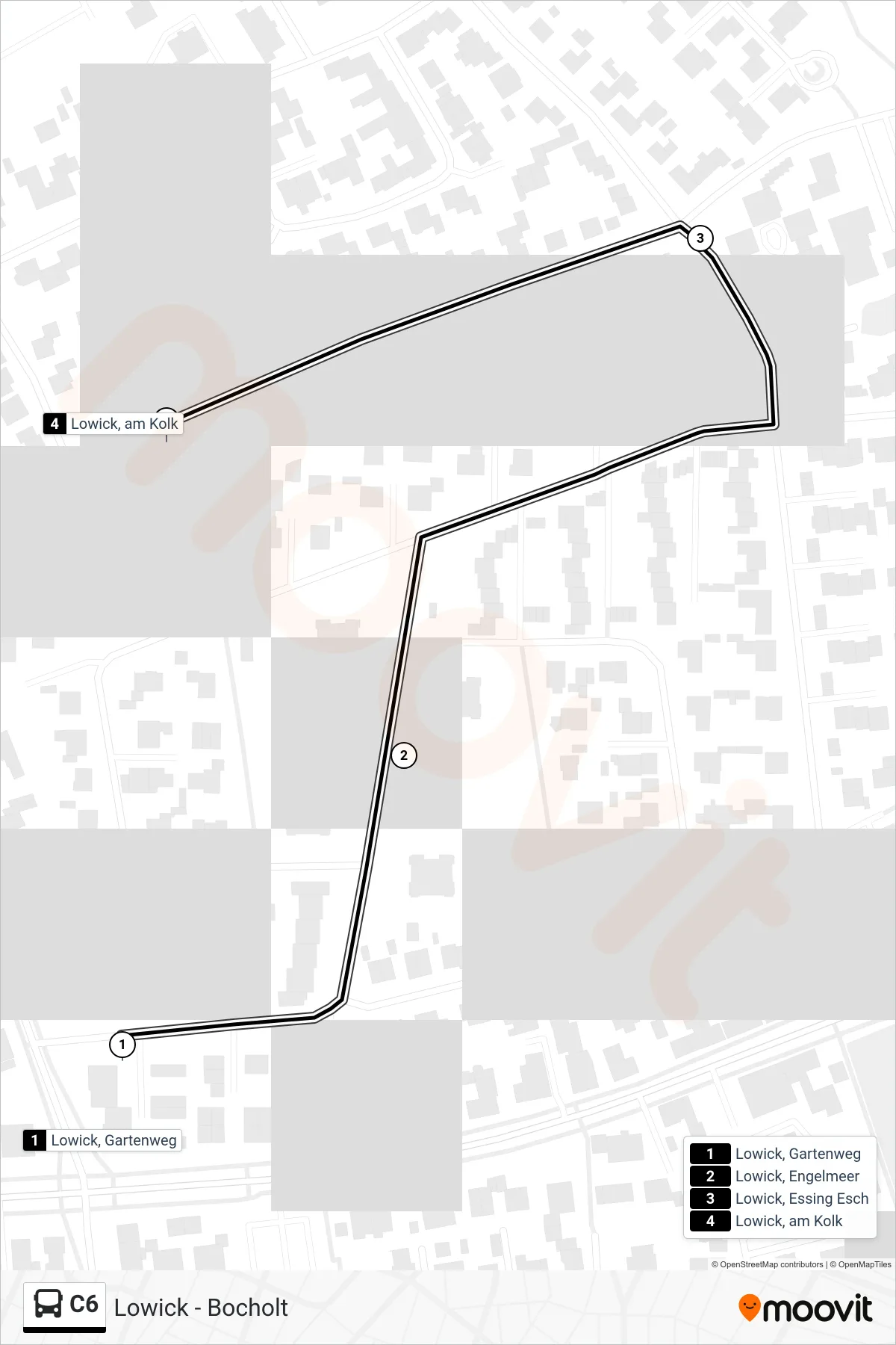 C6 tram Line (Bustreff) route and stops on a map