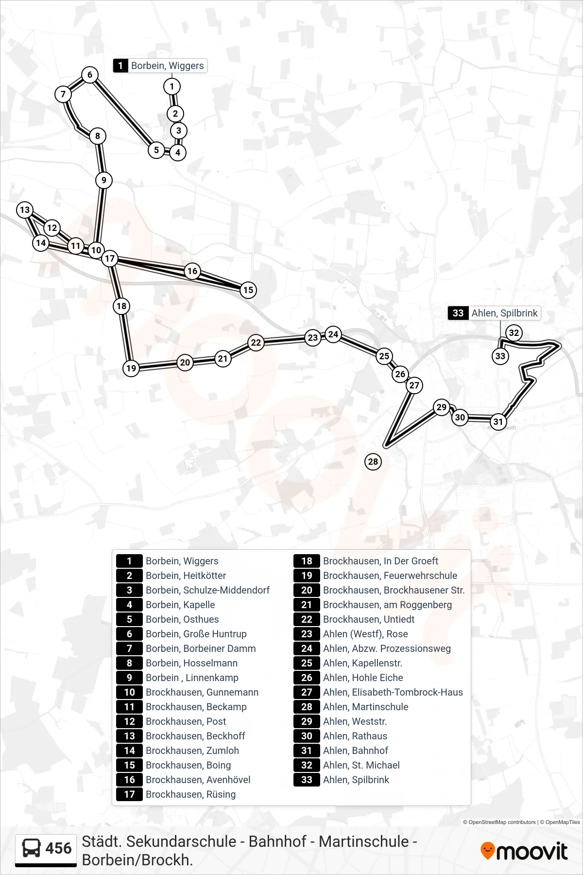 456 bus Line (Ahlen, Spilbrink) route and stops on a map