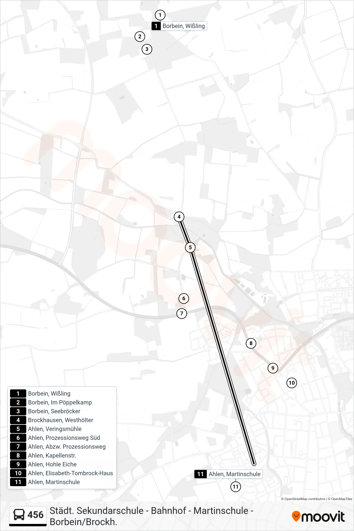 456 bus Line (Ahlen, Martinschule) route and stops on a map