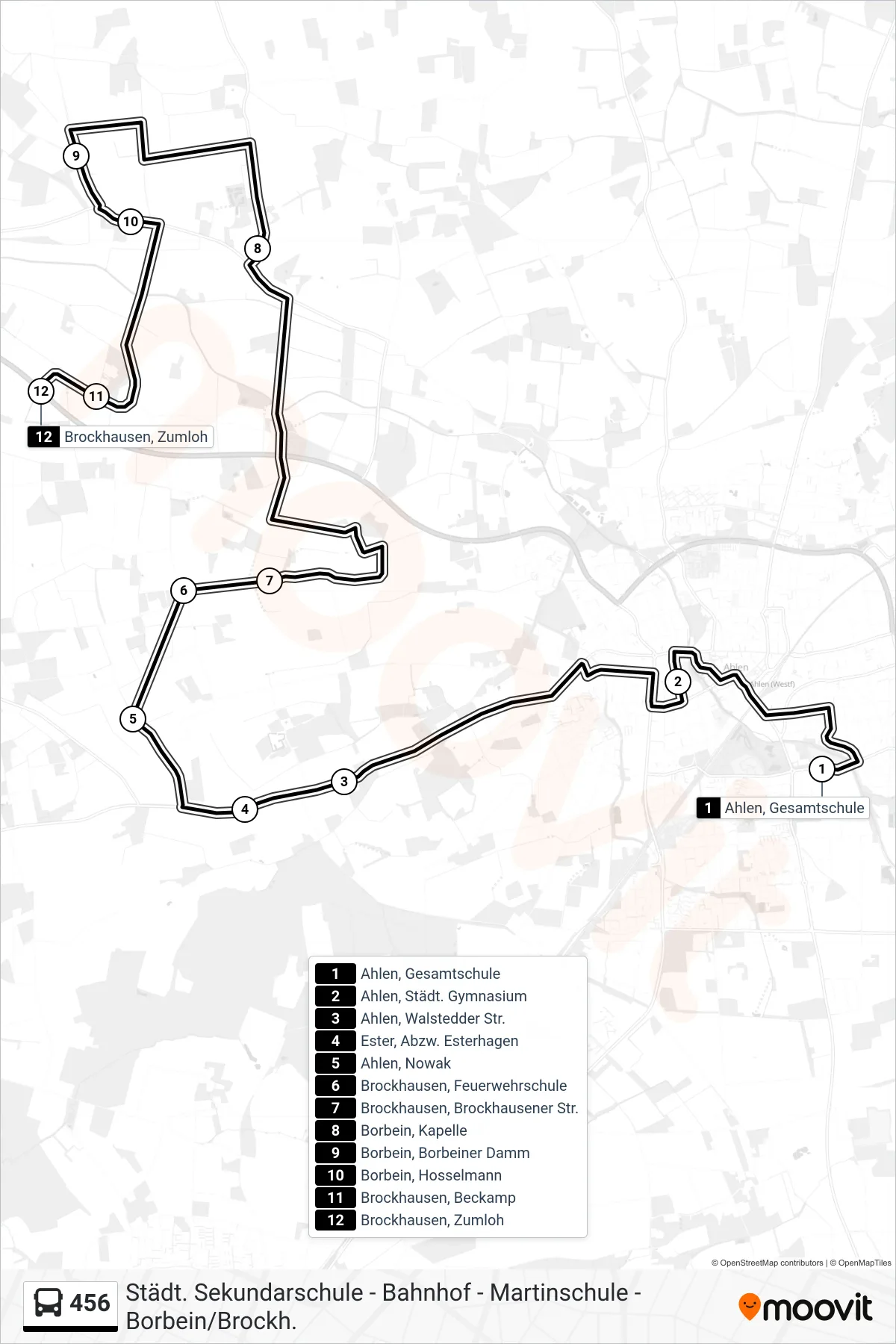 456 bus Line (Brockhausen, Zumloh) route and stops on a map