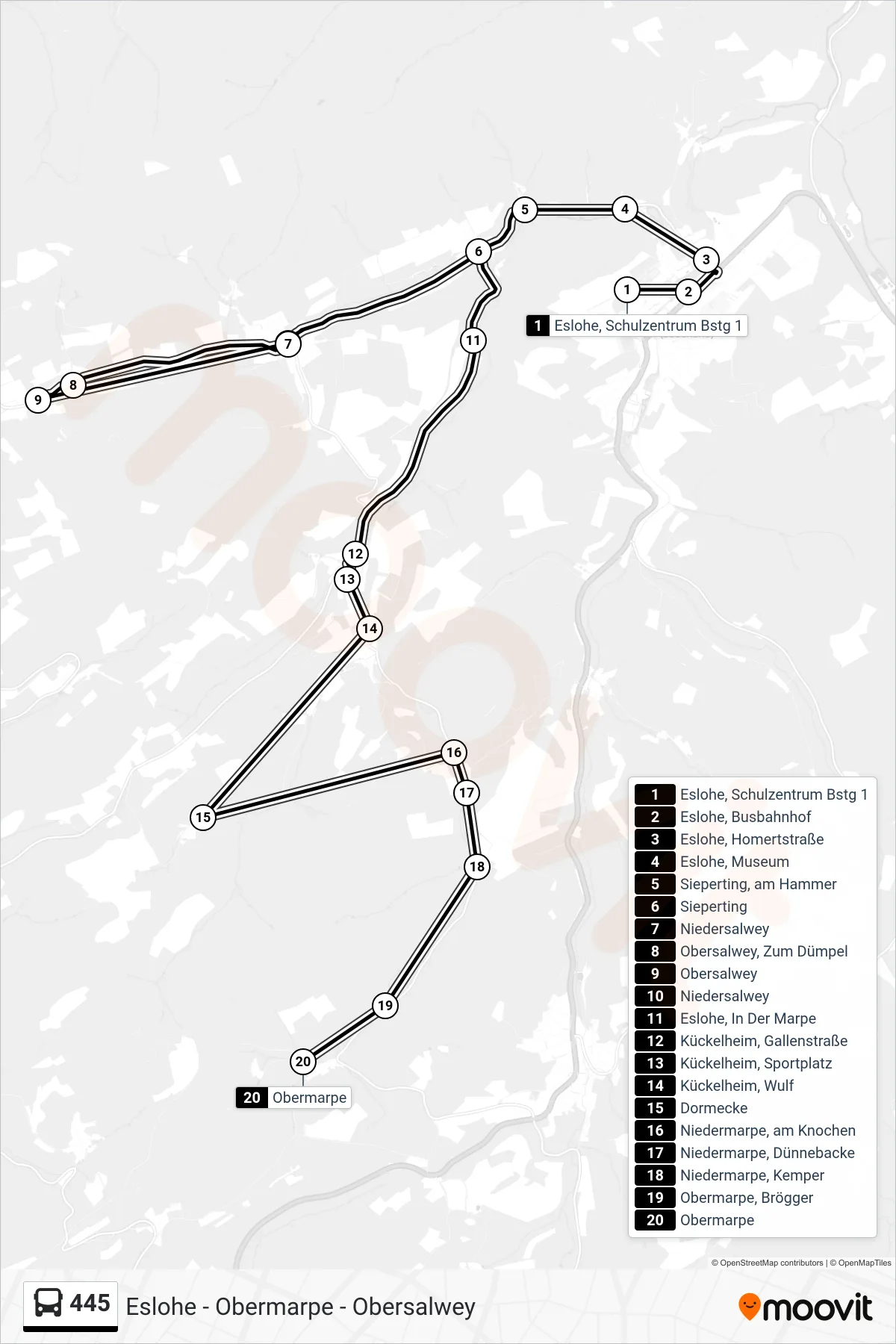 Linie 445 (Bus) Richtung Obermarpe: Route und Haltestellen auf der Karte