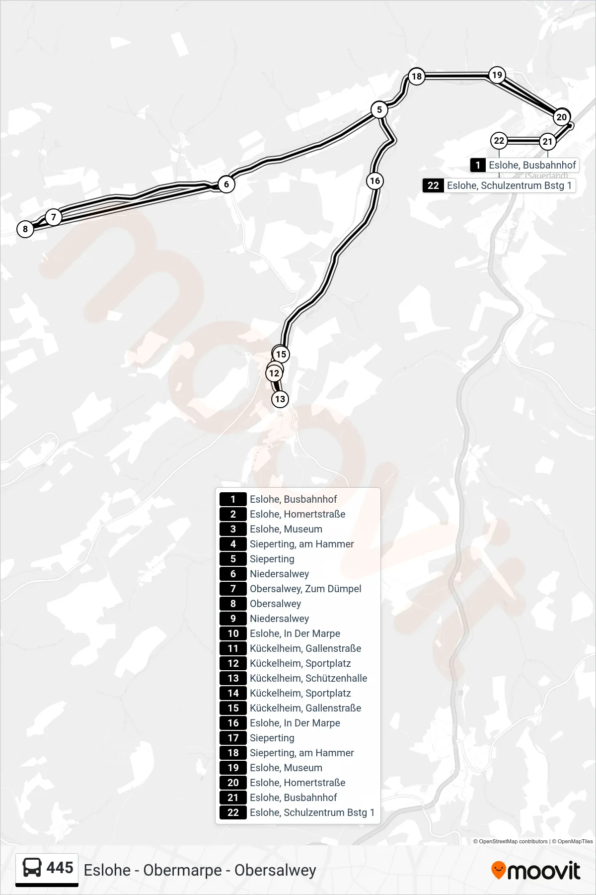 Linie 445 (Bus) Richtung Eslohe, Schulzentrum Bstg 1: Route und Haltestellen auf der Karte