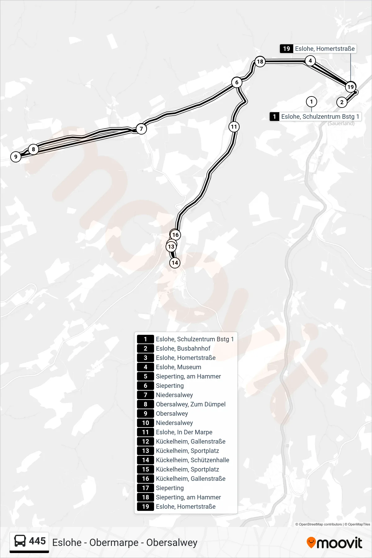445 bus Line (Kückelheim) route and stops on a map