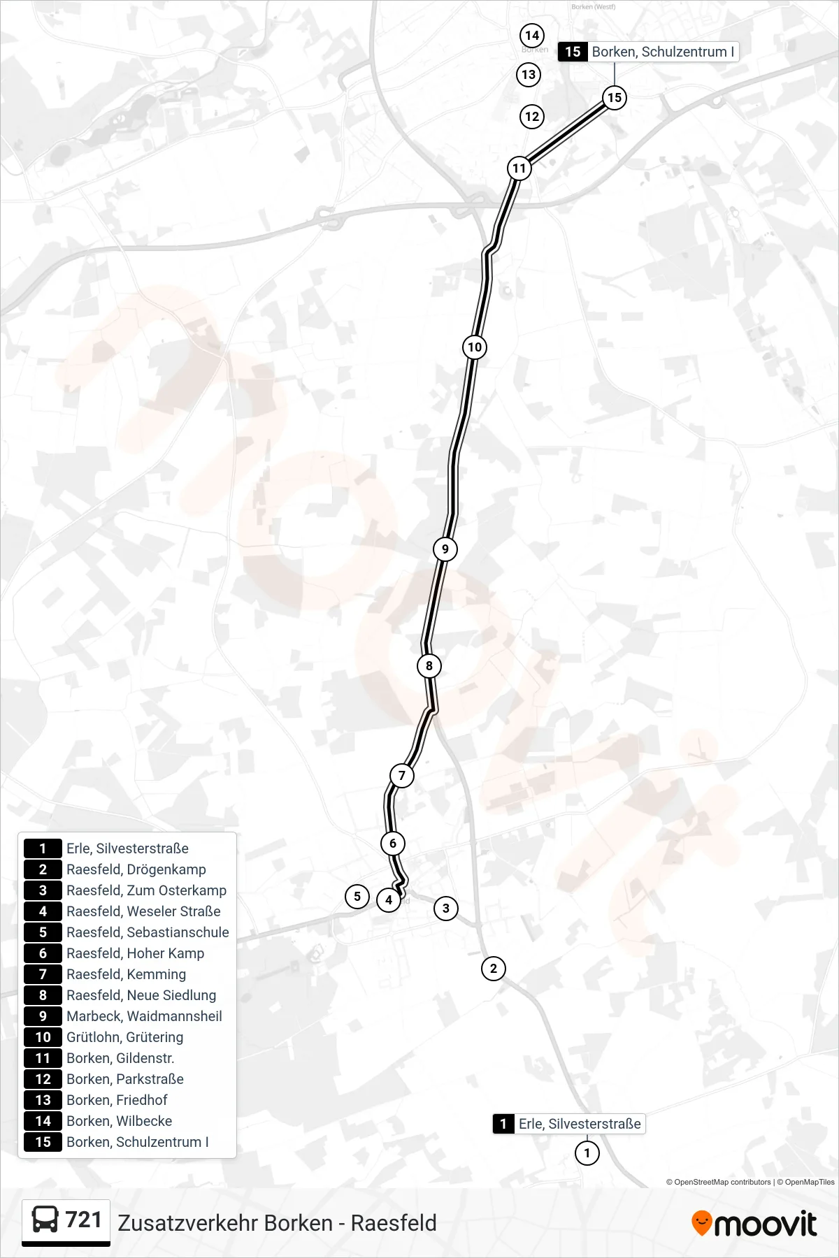 721 tram Line (Borken, Schulzentrum I) route and stops on a map