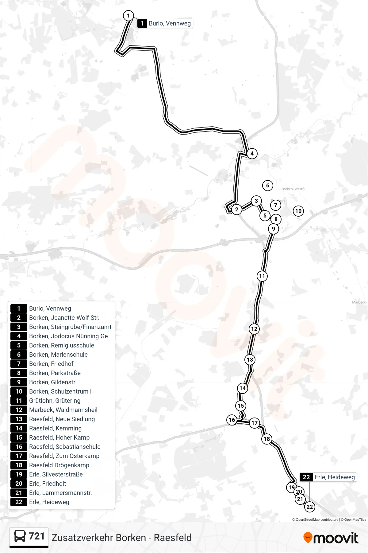 721 tram Line (Erle, Heideweg) route and stops on a map
