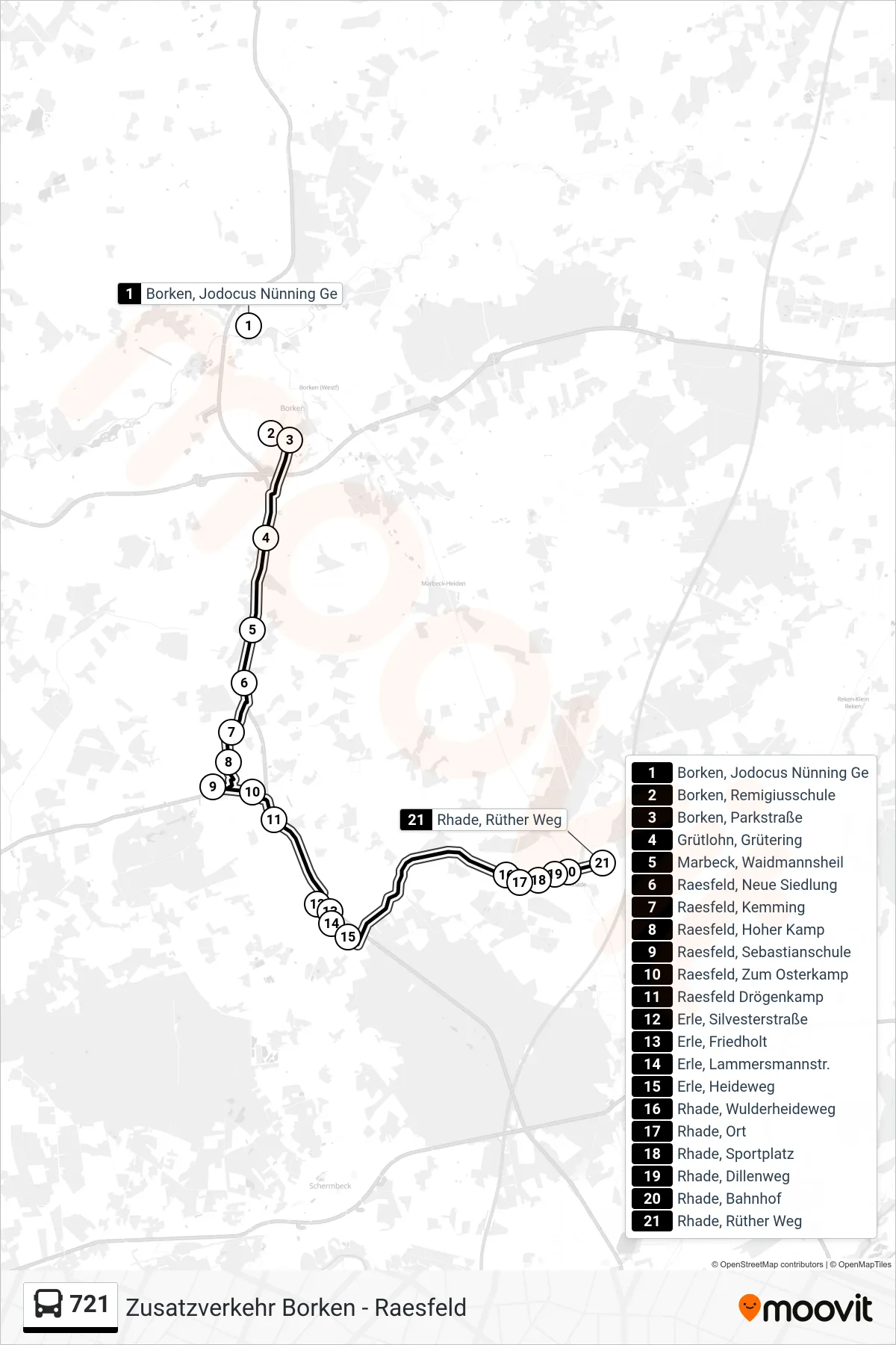 721 tram Line (Rhade, Rüther Weg) route and stops on a map