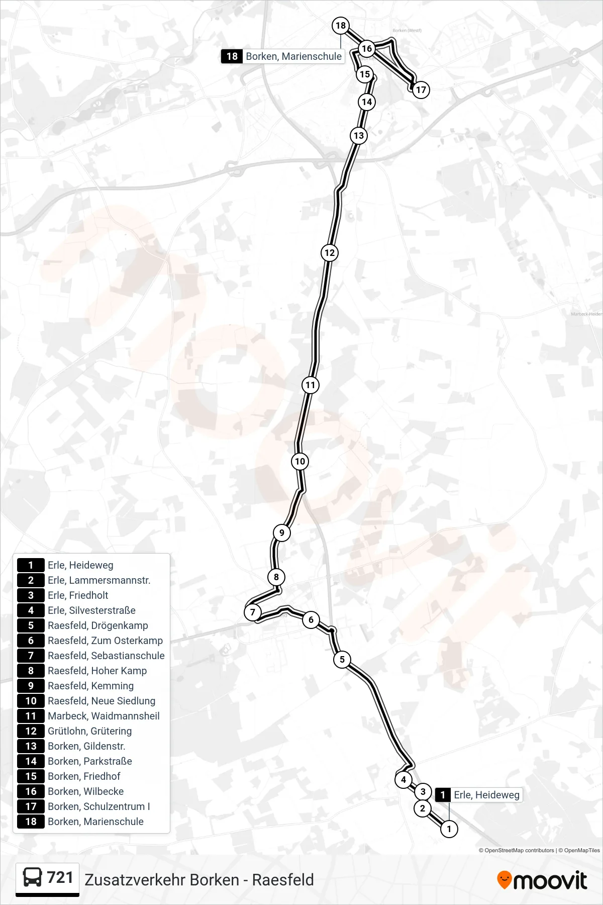 721 tram Line (Borken, Marienschule) route and stops on a map