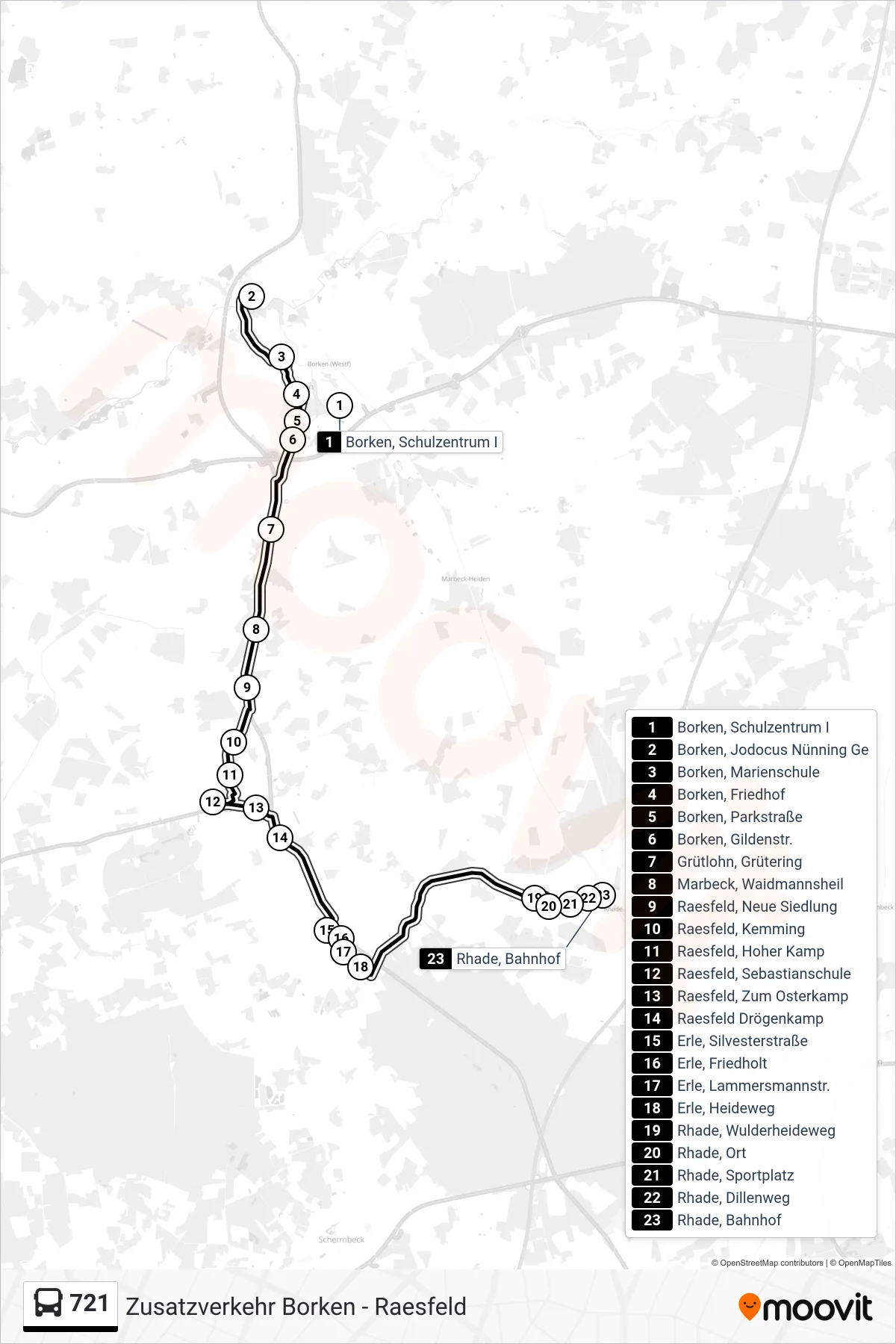 721 tram Line (Rhade, Bahnhof) route and stops on a map