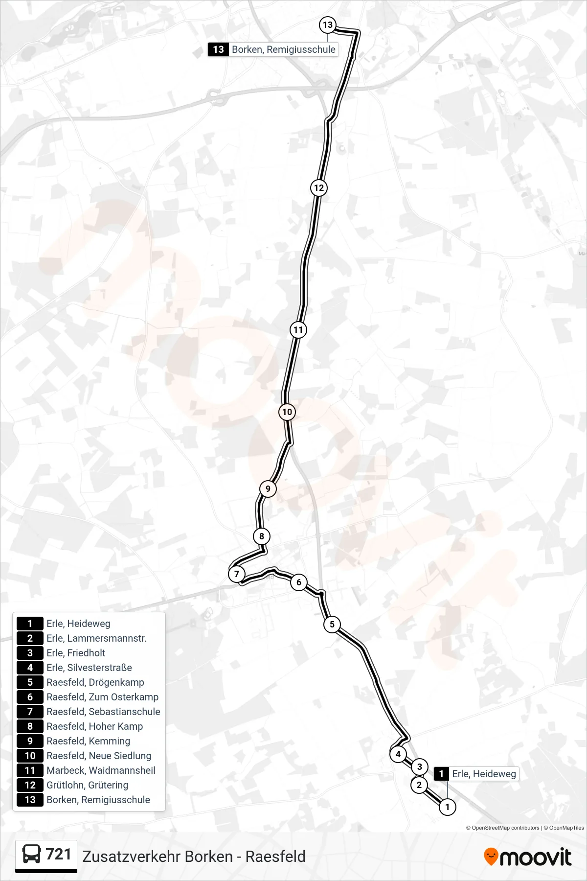 Linie 721 (Tram) Richtung Borken, Remigiusschule: Route und Haltestellen auf der Karte