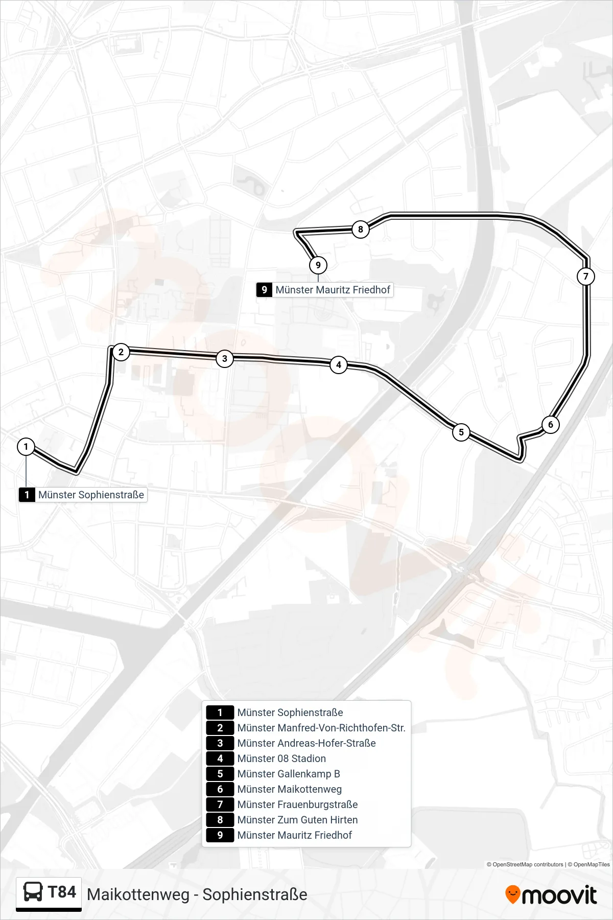 Linie T84 (Bus) Richtung Mauritz Friedhof: Route und Haltestellen auf der Karte