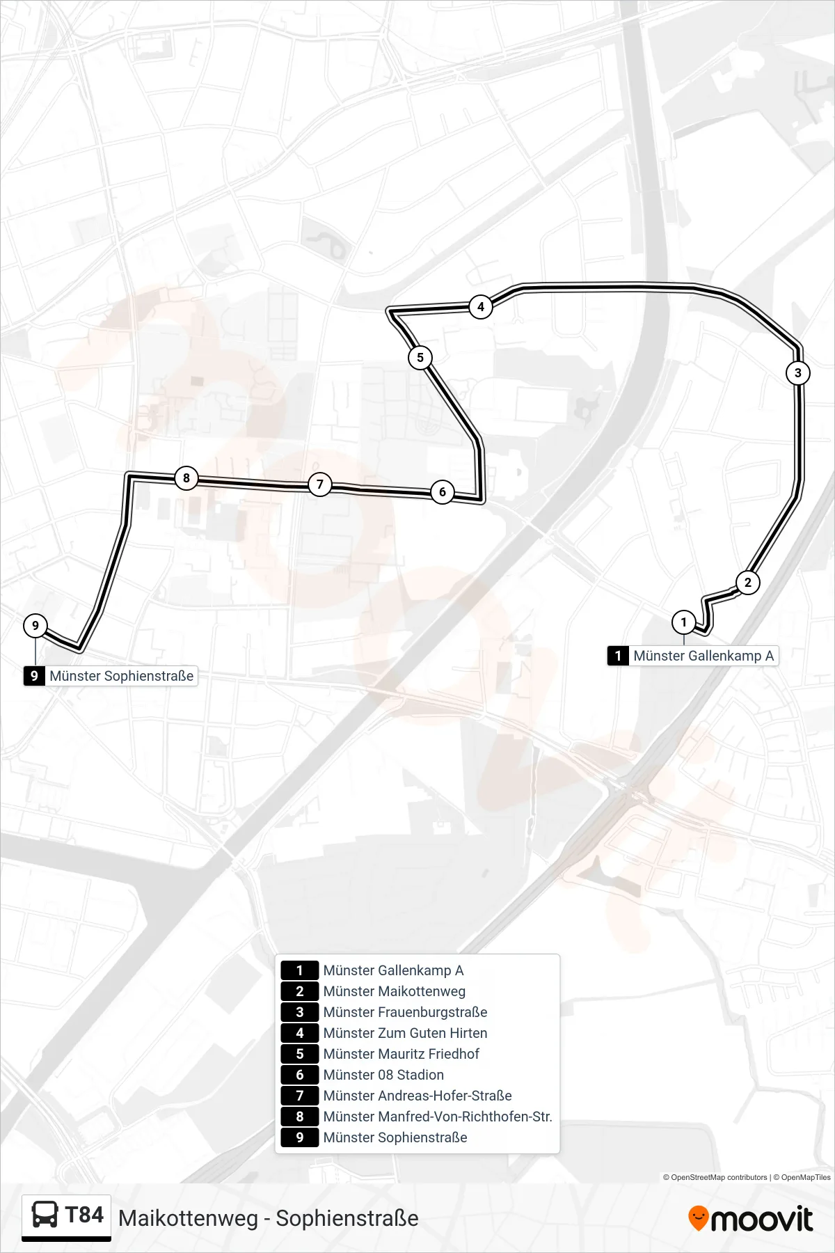 T84 bus Line (Sophienstraße) route and stops on a map