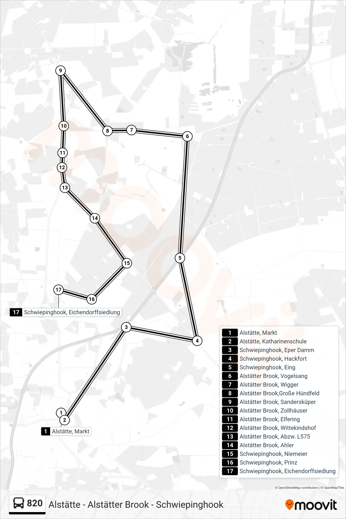 Linie 820 (Bus) Richtung Schwiepinghook, Eichendorffsiedlung: Route und Haltestellen auf der Karte