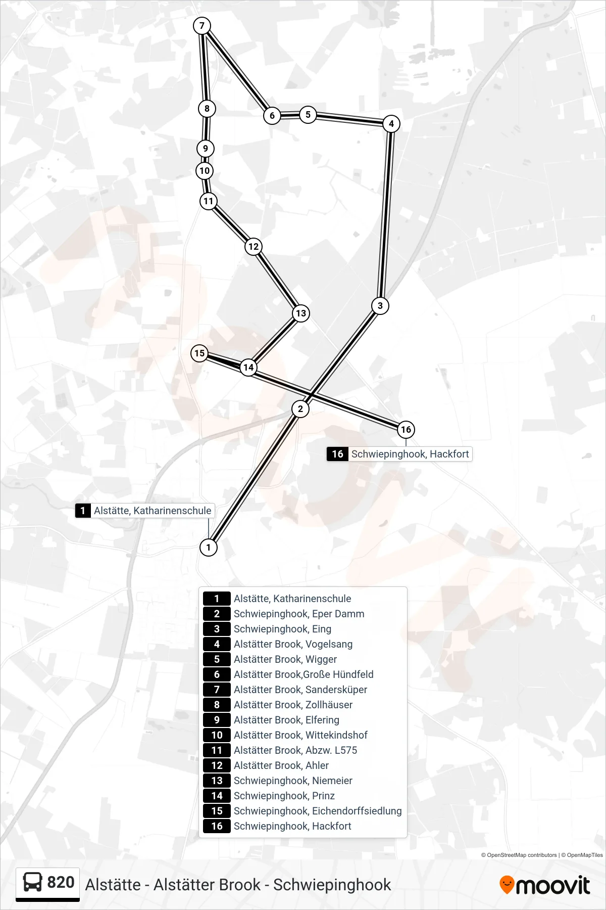 Linie 820 (Bus) Richtung Schwiepinghook, Hackfort: Route und Haltestellen auf der Karte