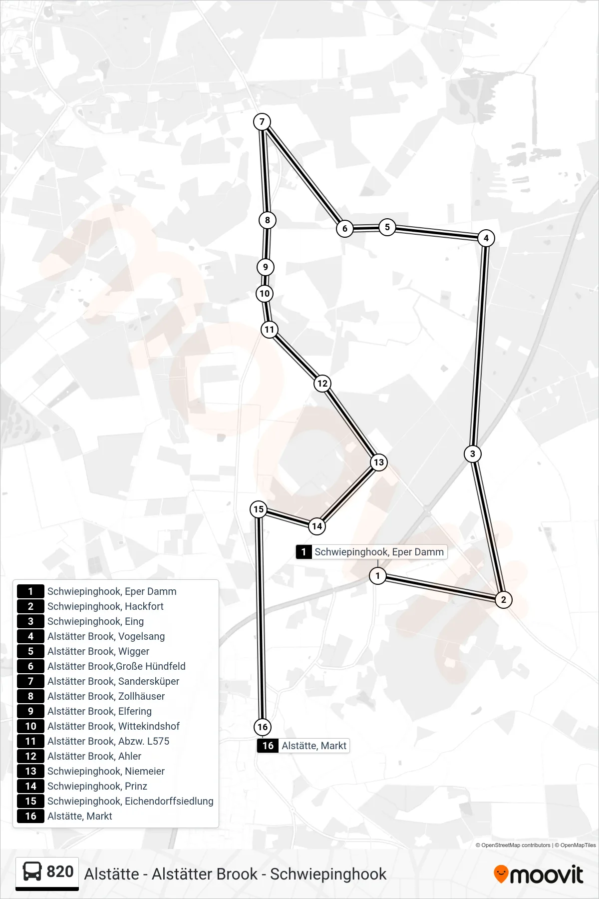 820 bus Line (Alstätte, Markt) route and stops on a map