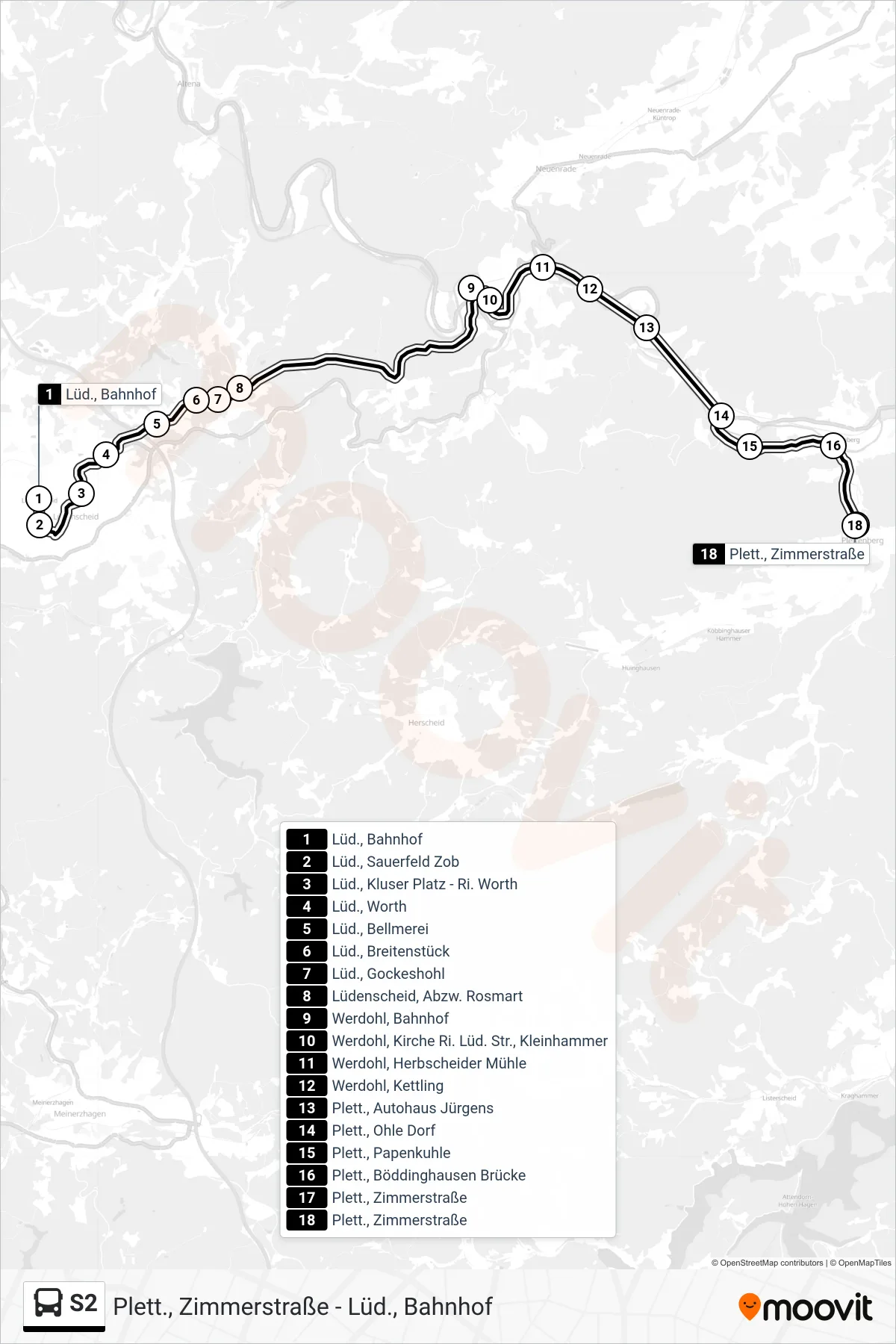 Linie S2 (Bus) Richtung Plett., Zimmerstraße: Route und Haltestellen auf der Karte