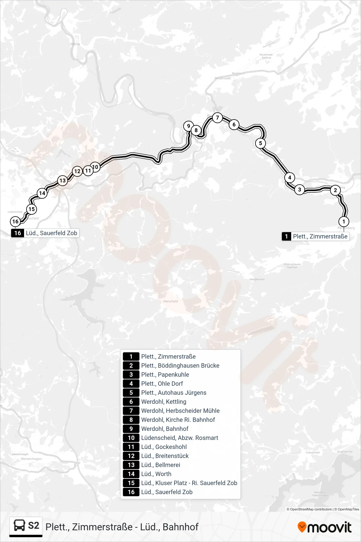 Linie S2 (Bus) Richtung Lüd., Sauerfeld Zob - Steig 1e: Route und Haltestellen auf der Karte