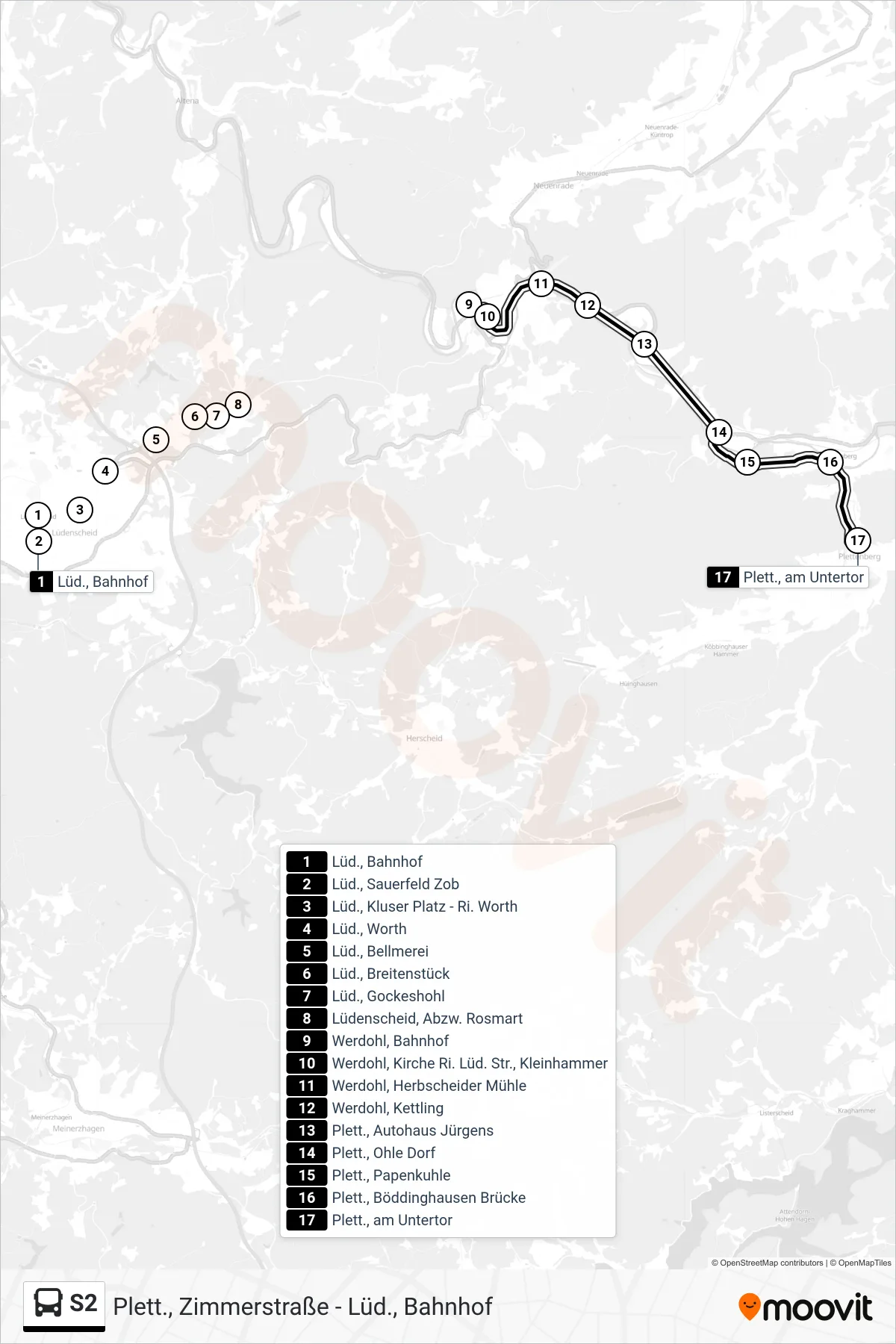 Linie S2 (Bus) Richtung Plett., am Untertor: Route und Haltestellen auf der Karte