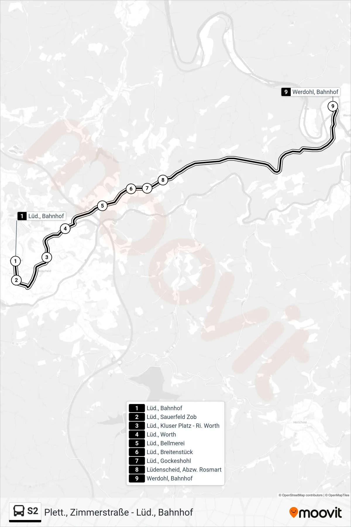Linie S2 (Bus) Richtung Werdohl, Bahnhof - Steig 4: Route und Haltestellen auf der Karte
