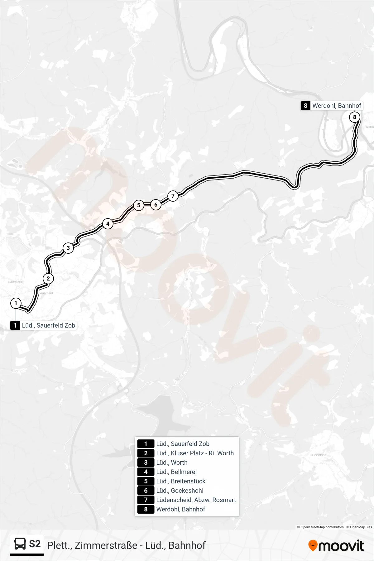 Linie S2 (Bus) Richtung Werdohl, Bahnhof - Steig 1: Route und Haltestellen auf der Karte