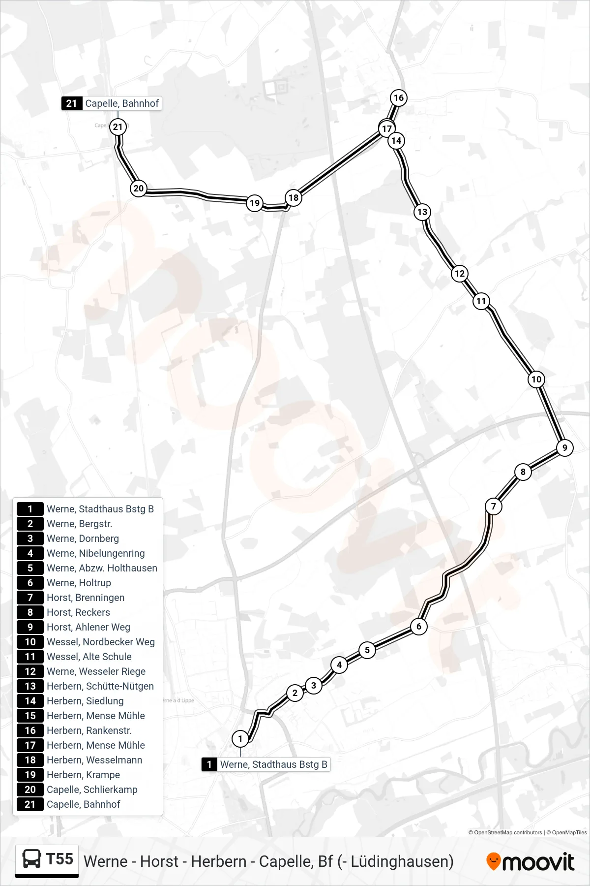 Linie T55 (Bus) Richtung Capelle, Bahnhof: Route und Haltestellen auf der Karte