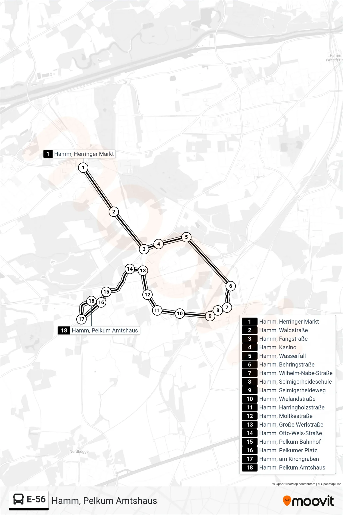 Linie E-56 (Bus) Richtung Hamm, Pelkum Amtshaus: Route und Haltestellen auf der Karte