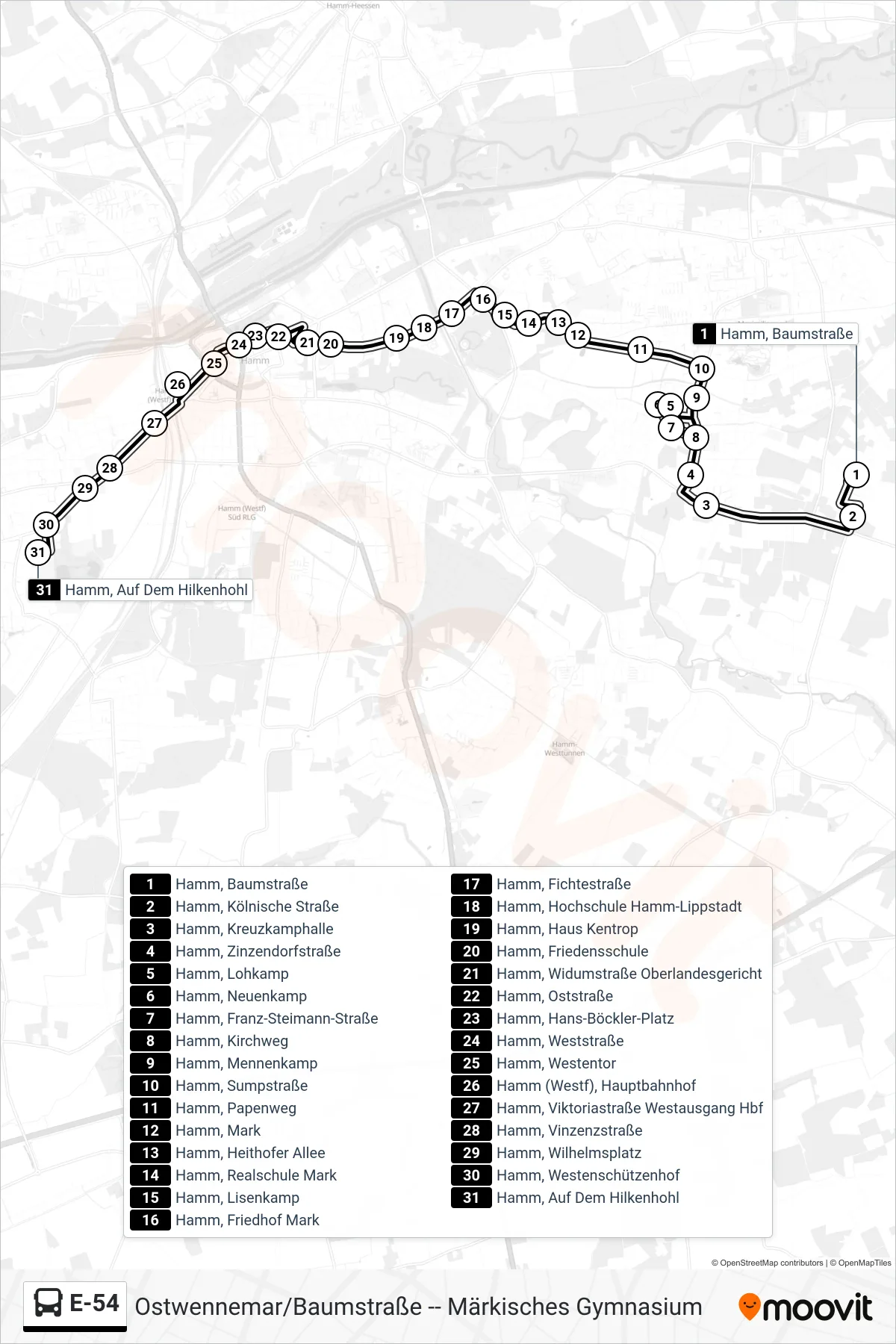 Linie E-54 (Bus) Richtung Hamm, Auf Dem Hilkenhohl: Route und Haltestellen auf der Karte