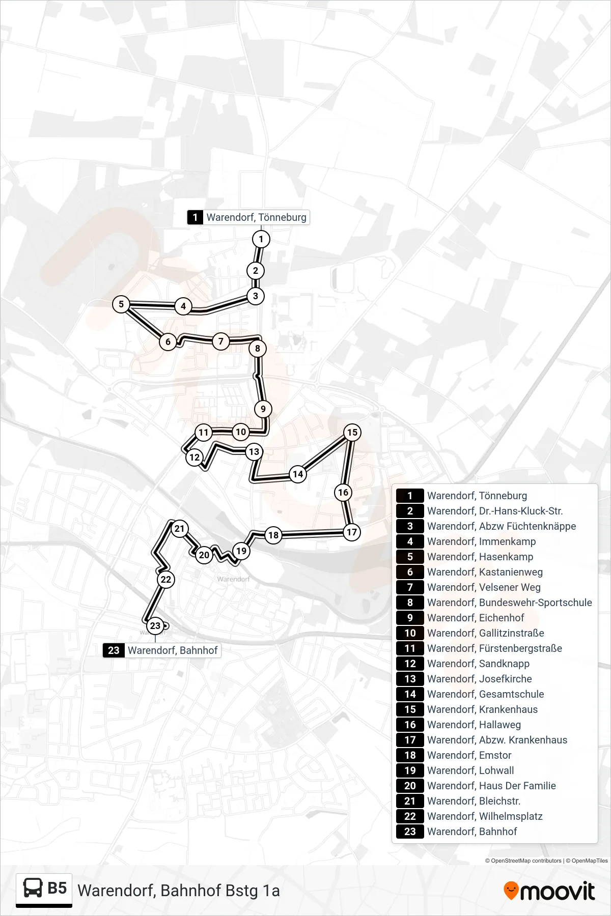 Linie B5 (Bus) Richtung Warendorf, Bahnhof Bstg 1a: Route und Haltestellen auf der Karte