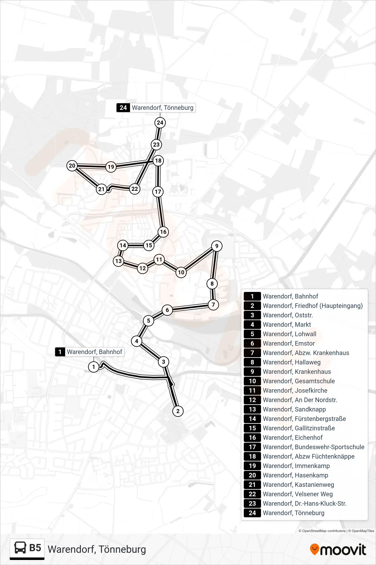 B5 bus Line (Warendorf, Tönneburg) route and stops on a map
