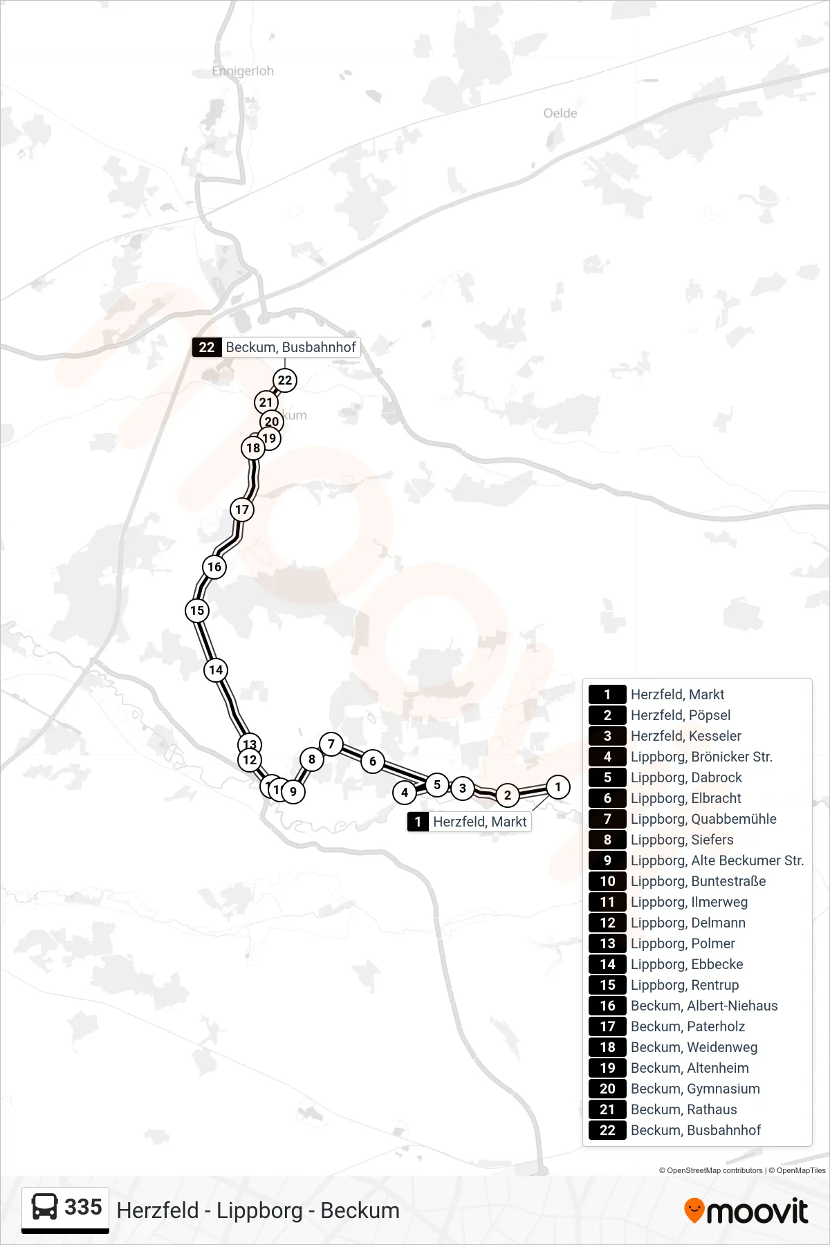 Linie 335 (Bus) Richtung Beckum, Busbahnhof Bstg B: Route und Haltestellen auf der Karte