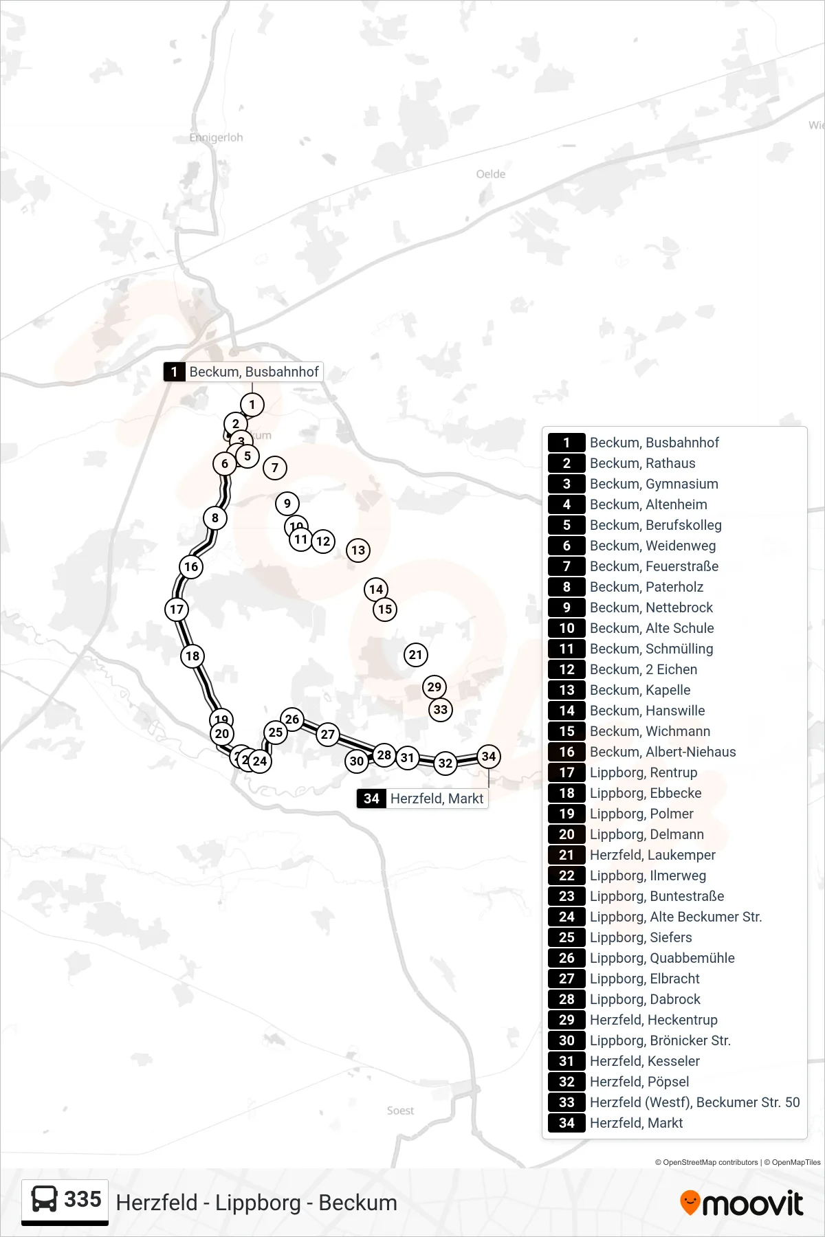 335 bus Line (Herzfeld, Markt) route and stops on a map