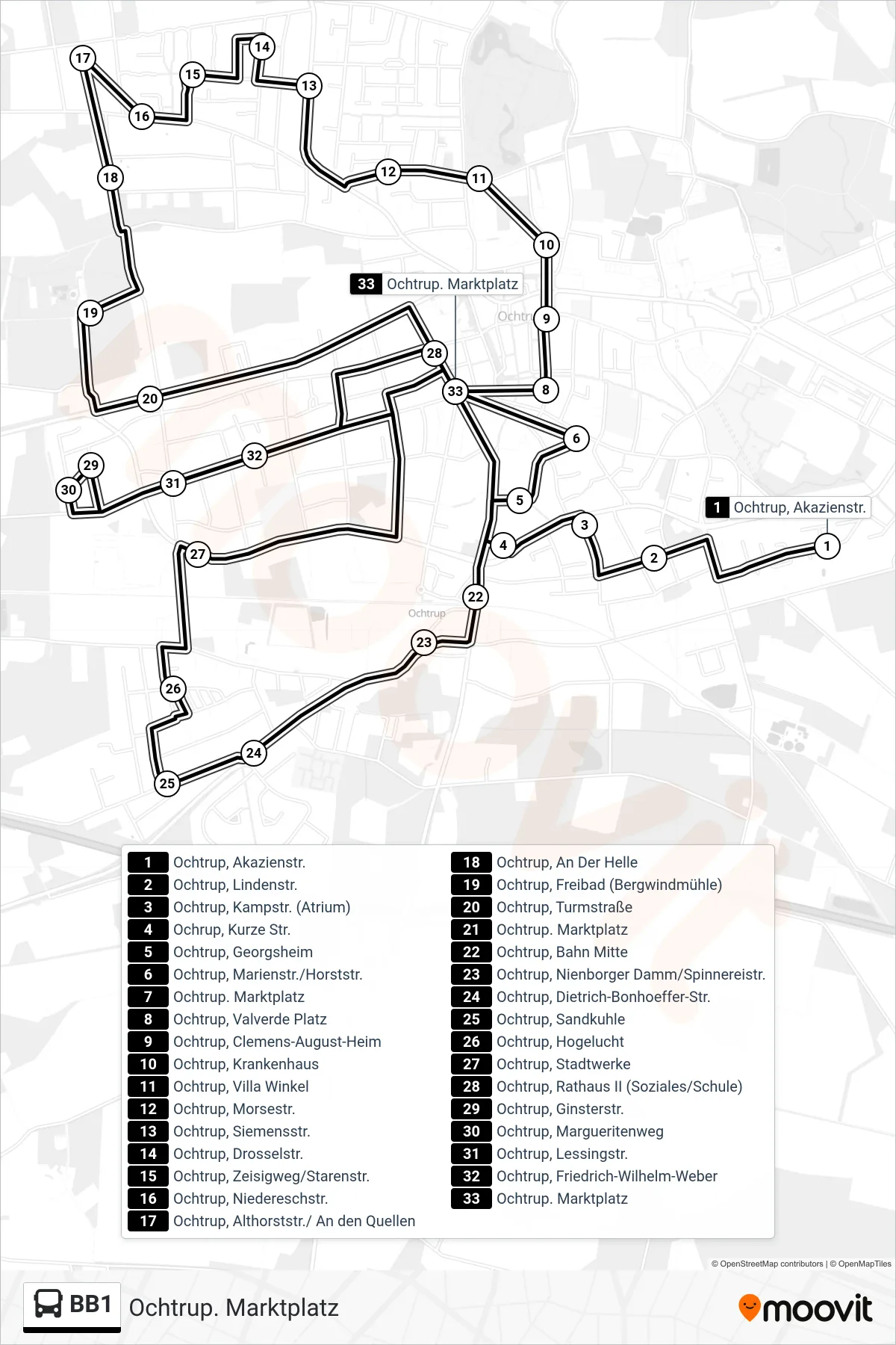 Linie BB1 (Bus) Richtung Ochtrup. Marktplatz: Route und Haltestellen auf der Karte