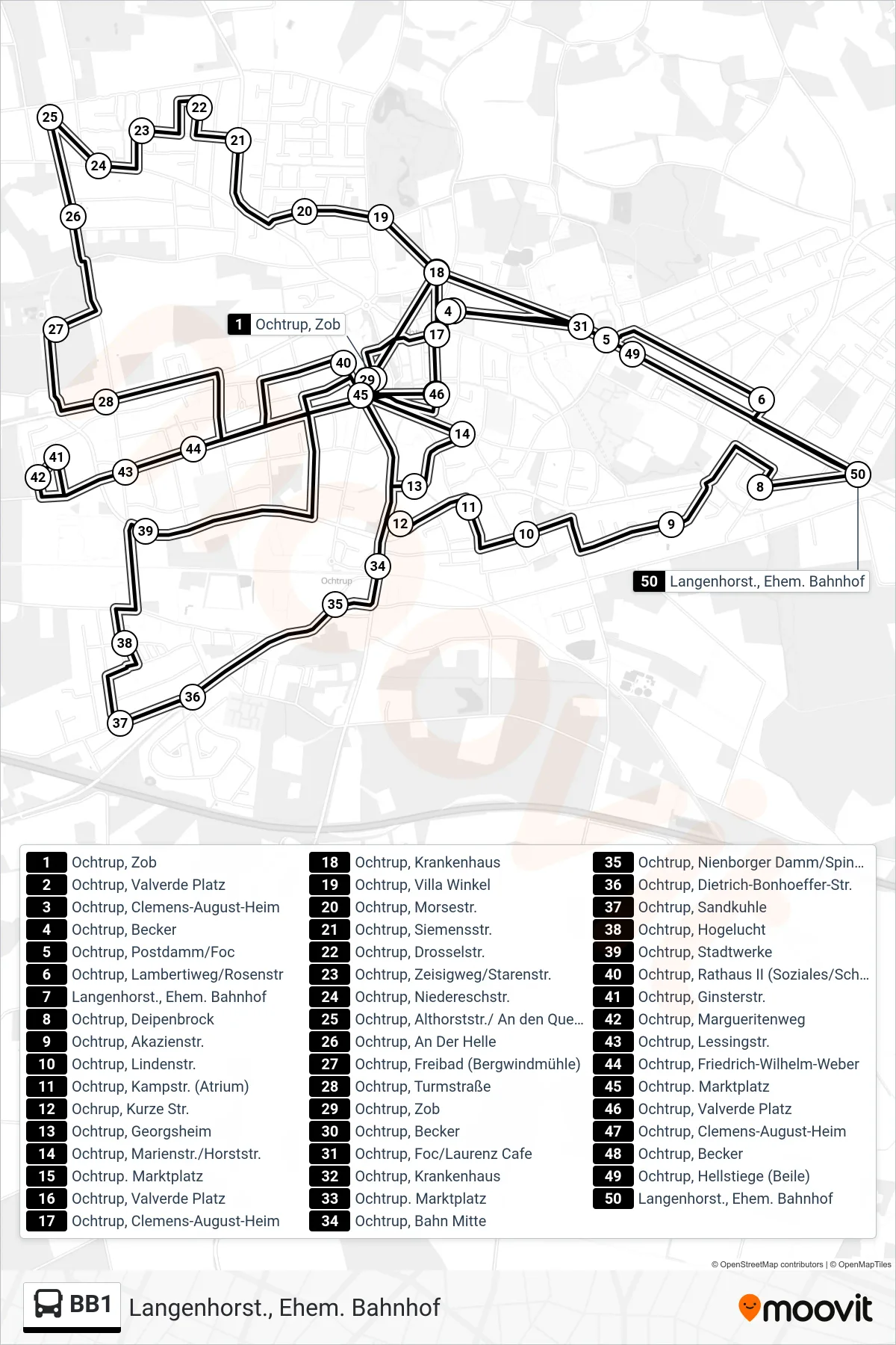 Linie BB1 (Bus) Richtung Langenhorst., Ehem. Bahnhof: Route und Haltestellen auf der Karte